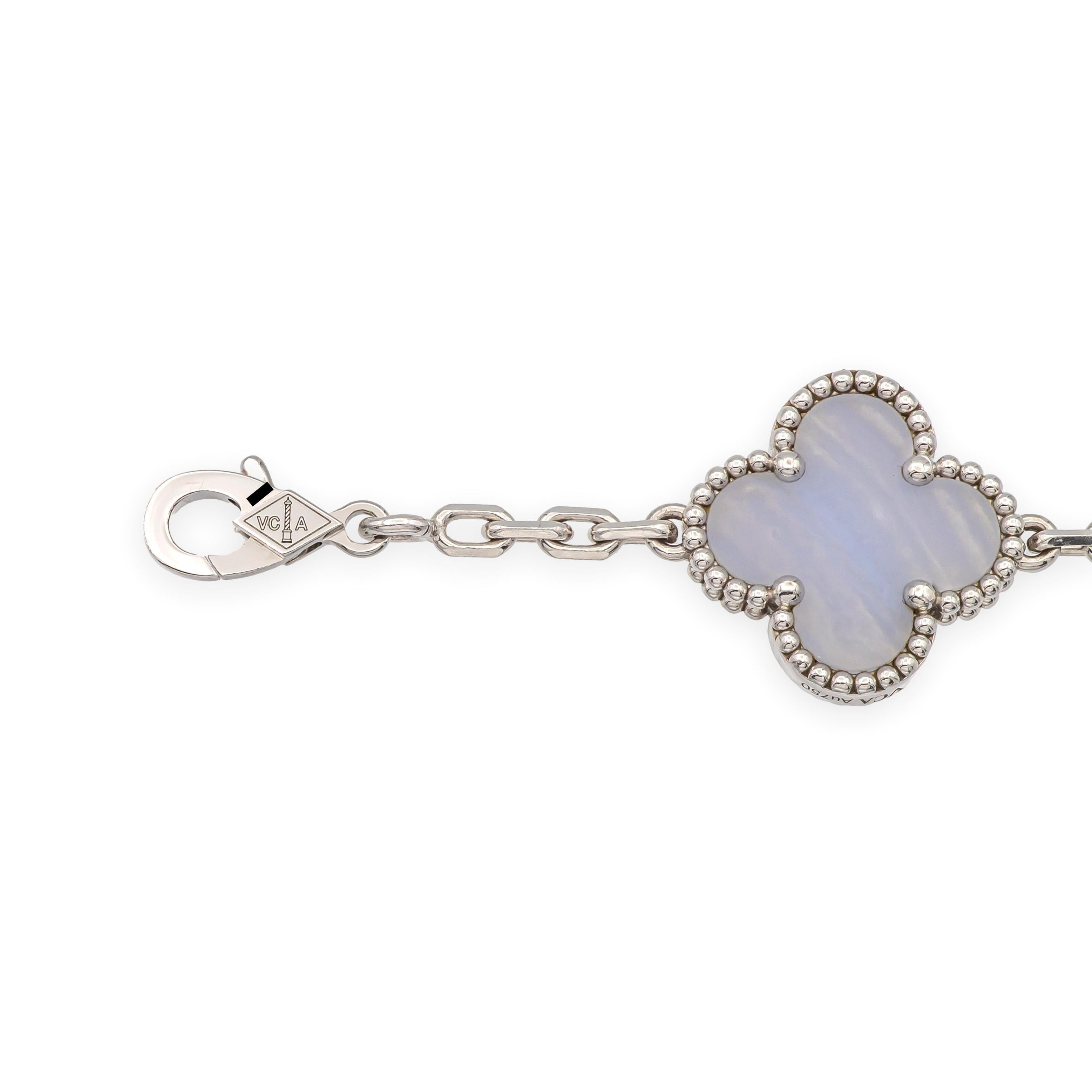 Van Cleef & Arpels 18K White Gold Vintage Alhambra 20 Motif Chalcedony Necklace For Sale 2