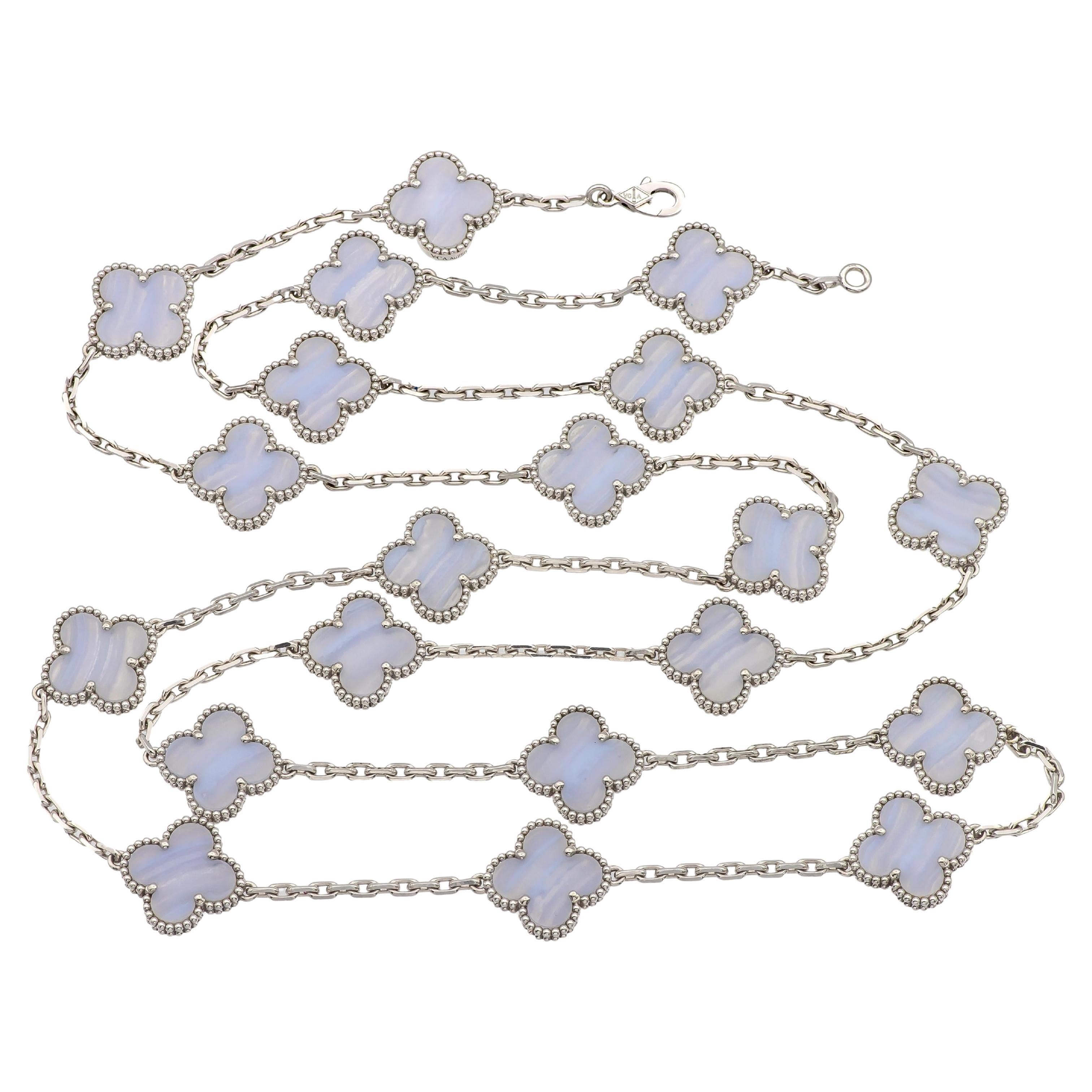Van Cleef & Arpels 18K White Gold Vintage Alhambra 20 Motif Chalcedony Necklace For Sale
