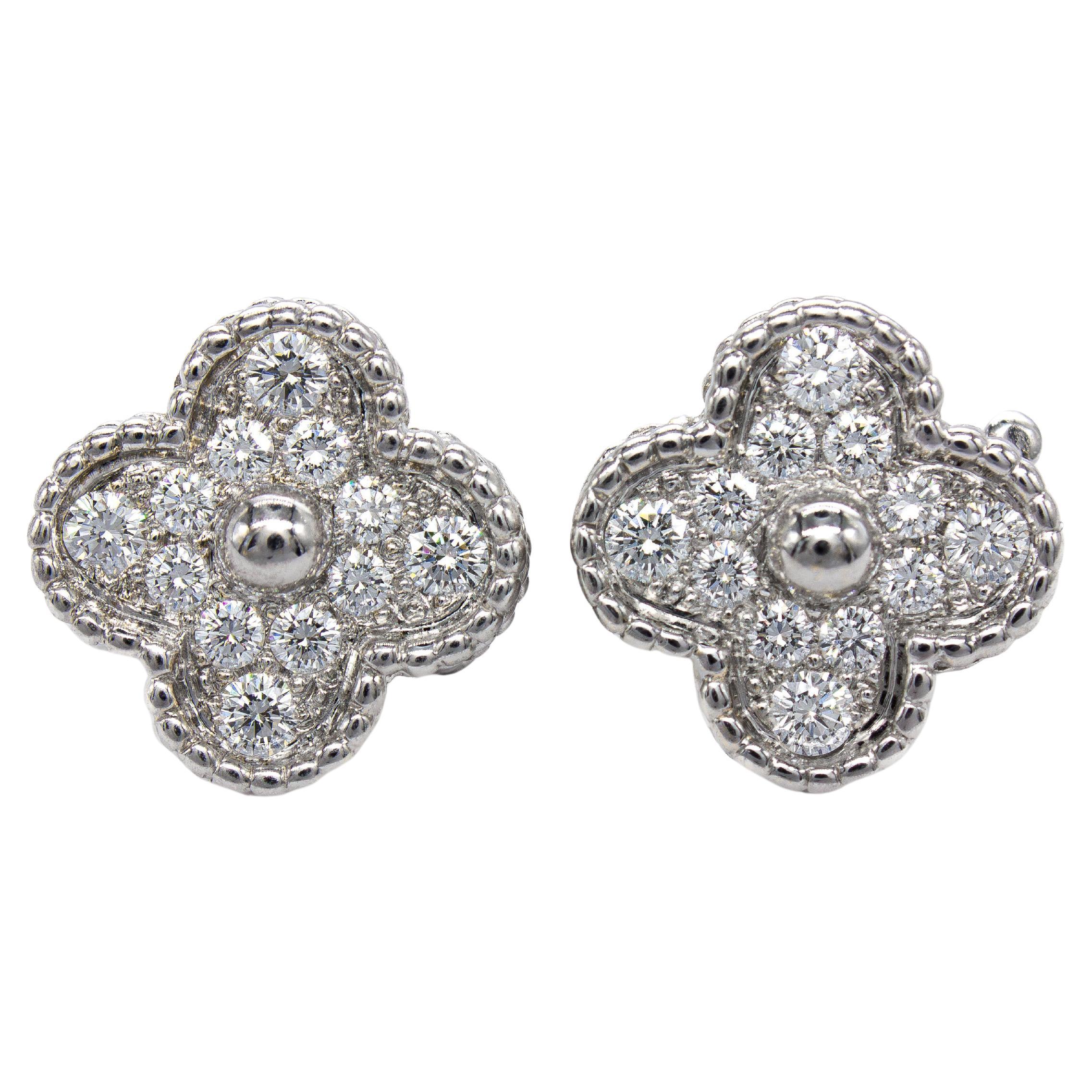 Van Cleef 
Arpels 18K White Gold Vintage Alhambra Diamond Pave Earrings For Sale