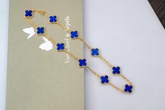 Van Cleef & Arpels 18K Yellow 10 Motif Gold Alhambra Blue Lapis Necklace