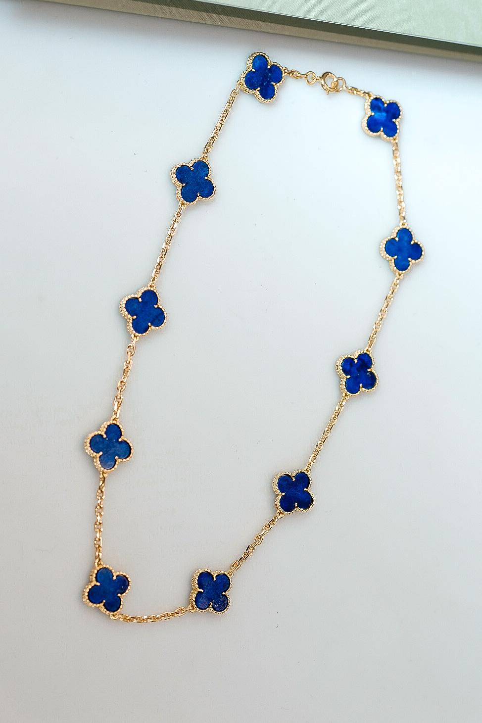 Modern Van Cleef & Arpels 18K Yellow 10 Motif Gold Alhambra Blue Lapis Necklace For Sale