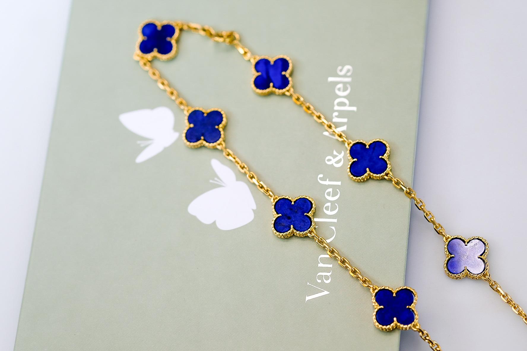 Van Cleef & Arpels 18K Yellow 10 Motif Gold Alhambra Blue Lapis Necklace In Excellent Condition For Sale In New York, NY