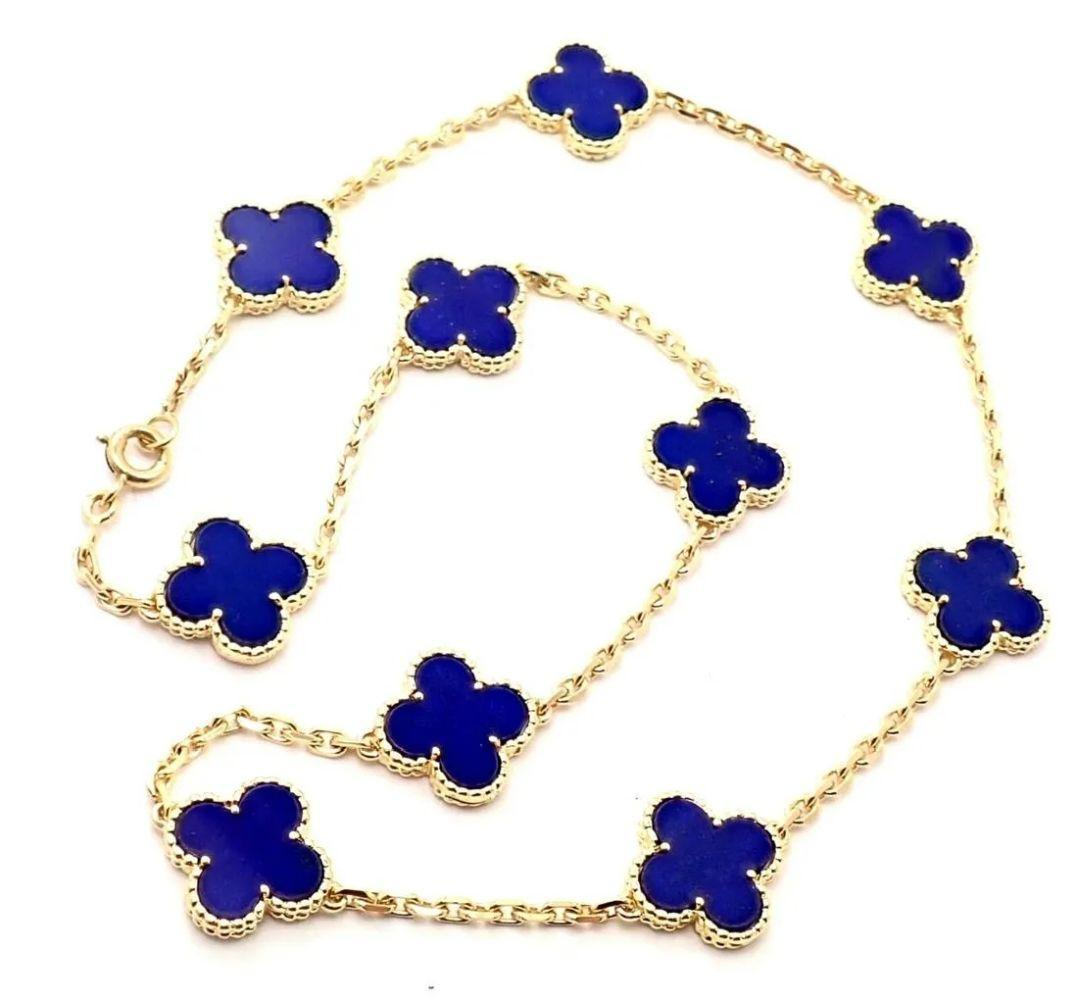 Women's Van Cleef & Arpels 18K Yellow 10 Motif Gold Alhambra Blue Lapis Necklace For Sale