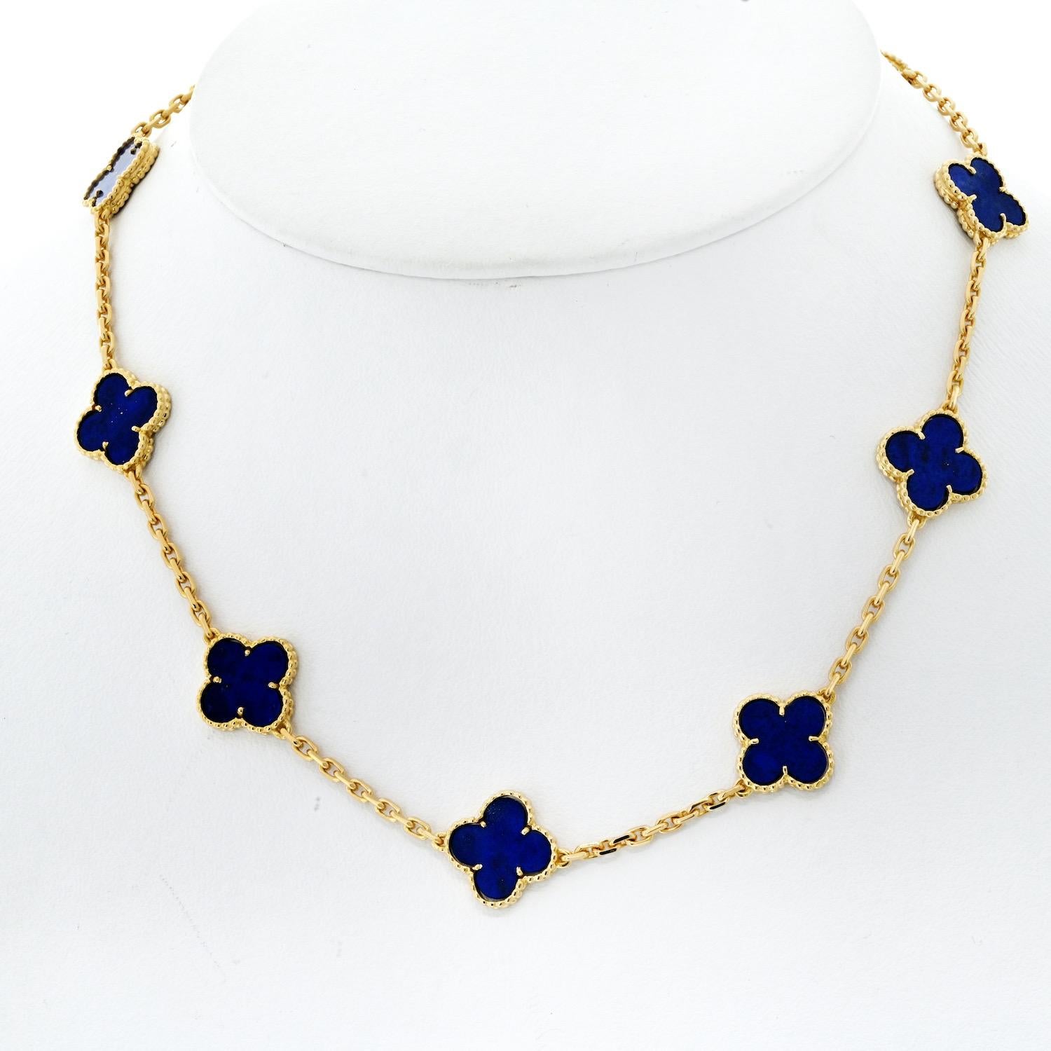 Modern Van Cleef & Arpels 18K Yellow 10 Motif Gold Alhambra Blue Lapis Necklace