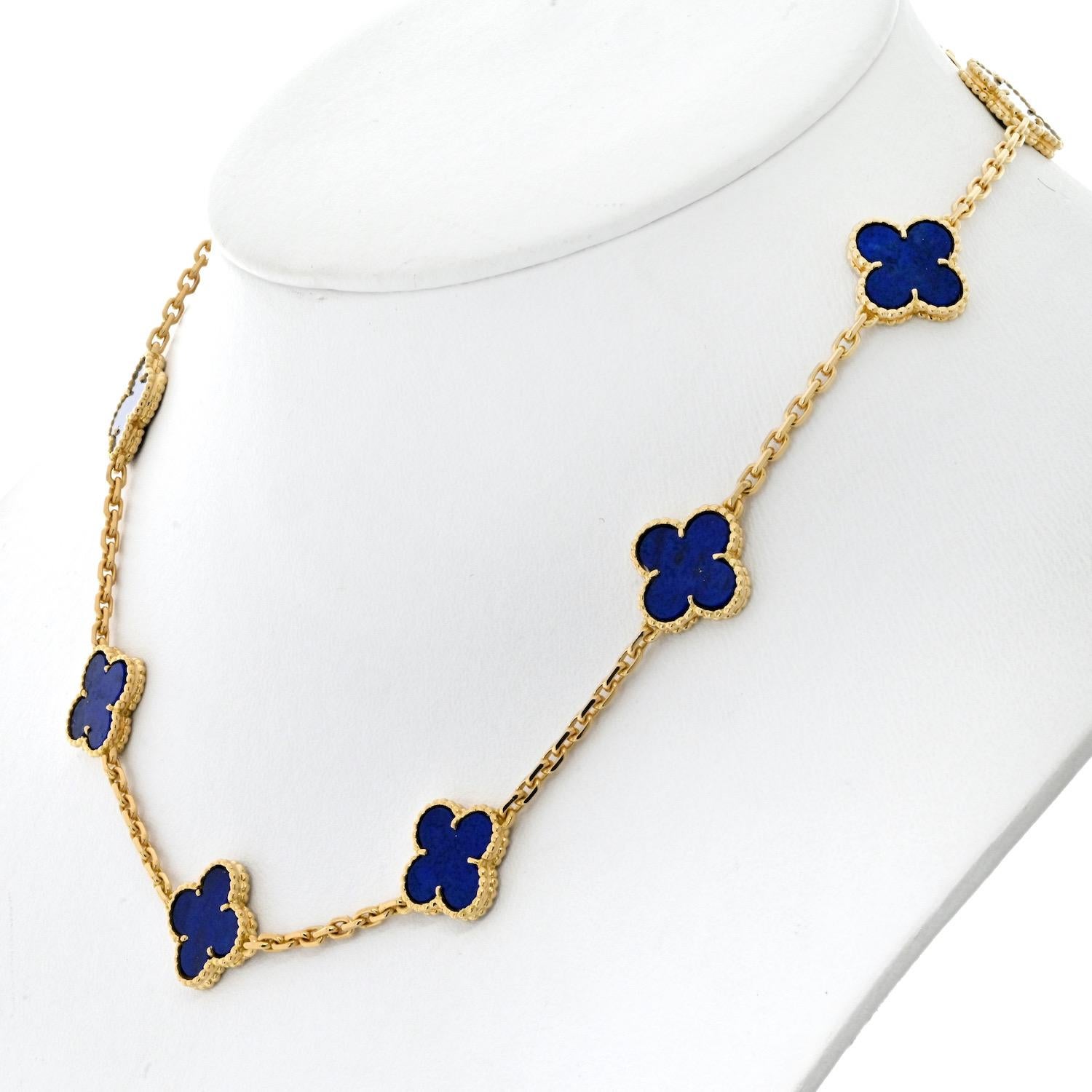 Van Cleef & Arpels 18K Yellow 10 Motif Gold Alhambra Blue Lapis Necklace In Excellent Condition In New York, NY