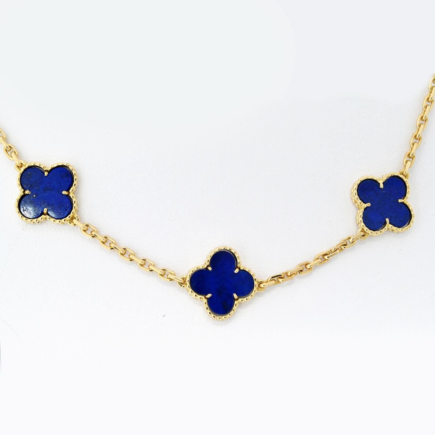 Women's Van Cleef & Arpels 18K Yellow 10 Motif Gold Alhambra Blue Lapis Necklace