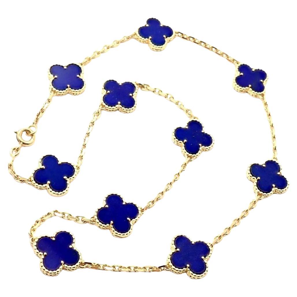 Van Cleef & Arpels 18K Yellow 10 Motif Gold Alhambra Blue Lapis Necklace For Sale