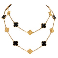 Van Cleef & Arpels 18K Yellow 20 Motif Onyx And Gold Alhambra Vintage Necklace