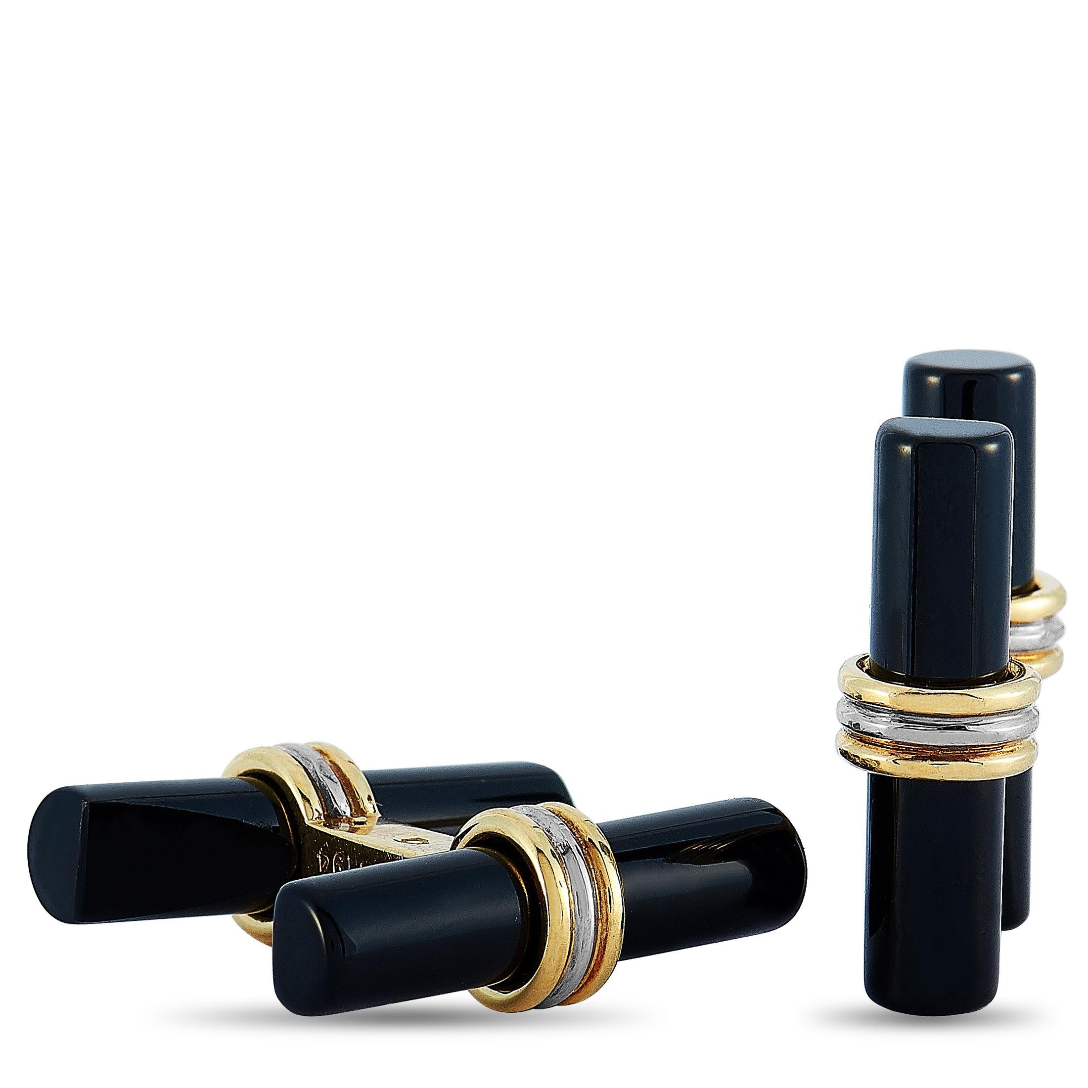 These Van Cleef & Arpels cufflinks are made out of 18K yellow and white gold and onyx. The cufflinks measure 0.87” in length and 0.30” in width, and each of the two weighs 5.05 grams.

The pair is offered in estate condition and includes the