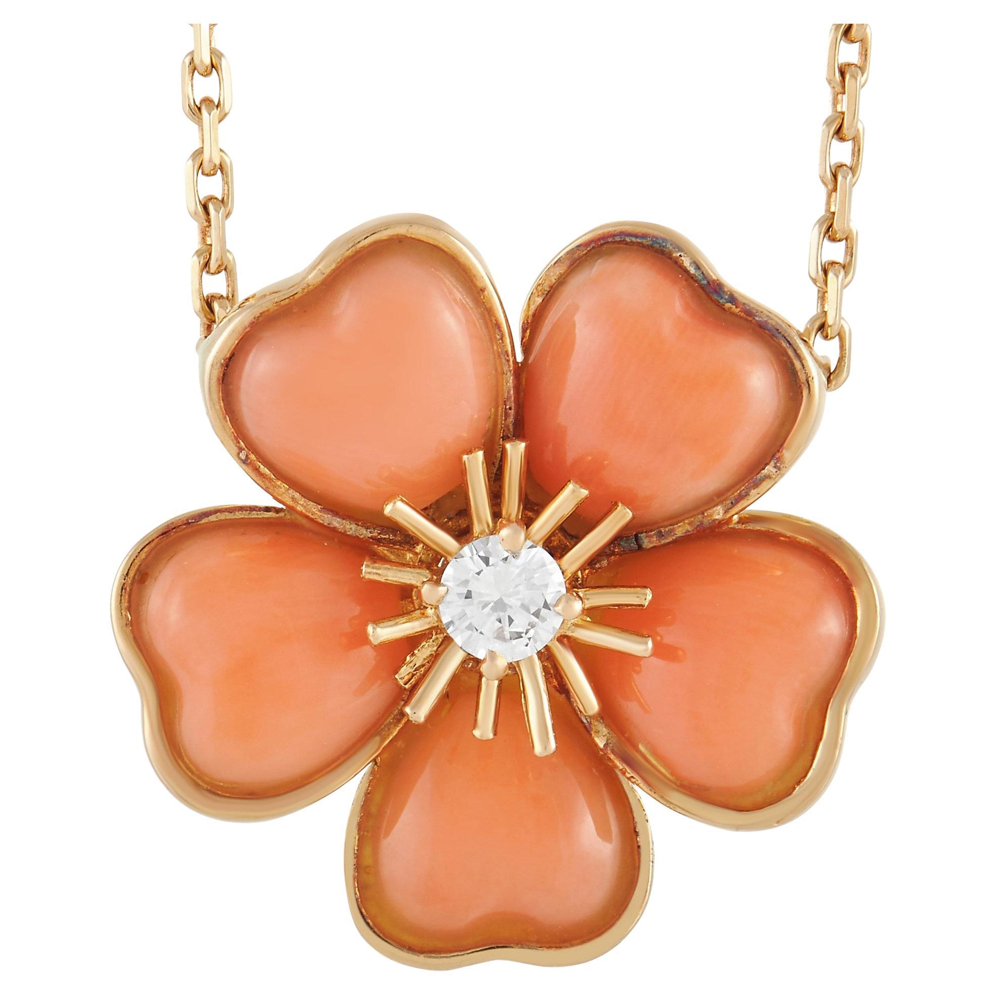 Van Cleef & Arpels 18K Yellow Gold 0.12 Ct Diamond and Coral Flower Necklace