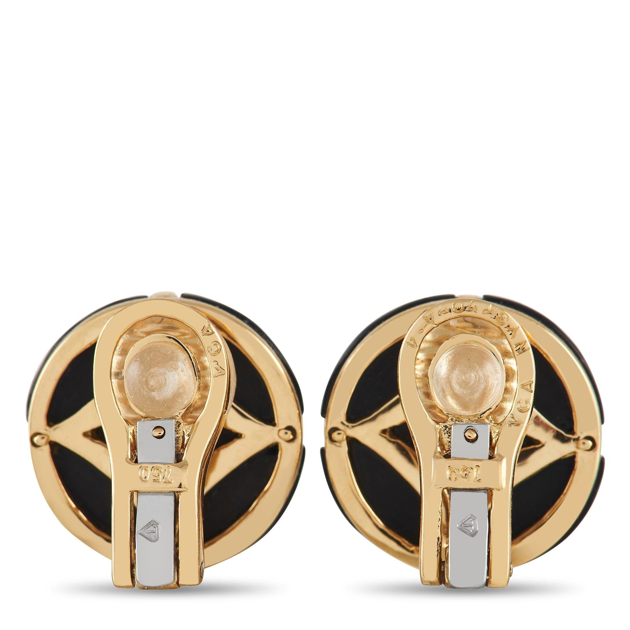 A daring choice, this pair of onyx and diamond clip-on earrings from Van Cleef & Arpels is sure to add an edgy tone to your looks. It features a rounded black onyx stone cut into quarters by a yellow gold frame with a four-diamond centerpiece. The