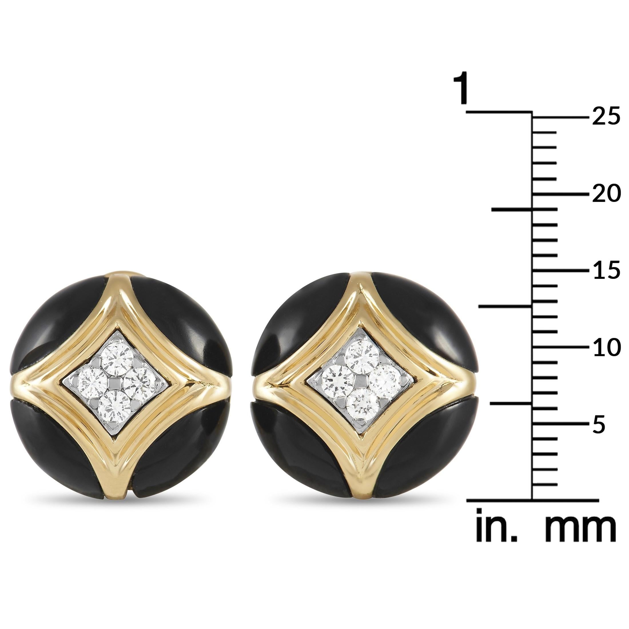Round Cut Van Cleef & Arpels 18K Yellow Gold 0.30 Ct Diamond and Onyx Earrings