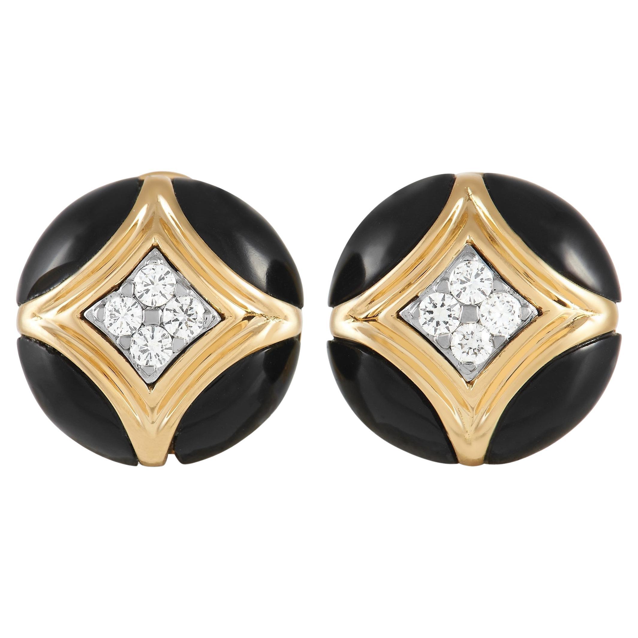 Van Cleef & Arpels 18K Yellow Gold 0.30 Ct Diamond and Onyx Earrings