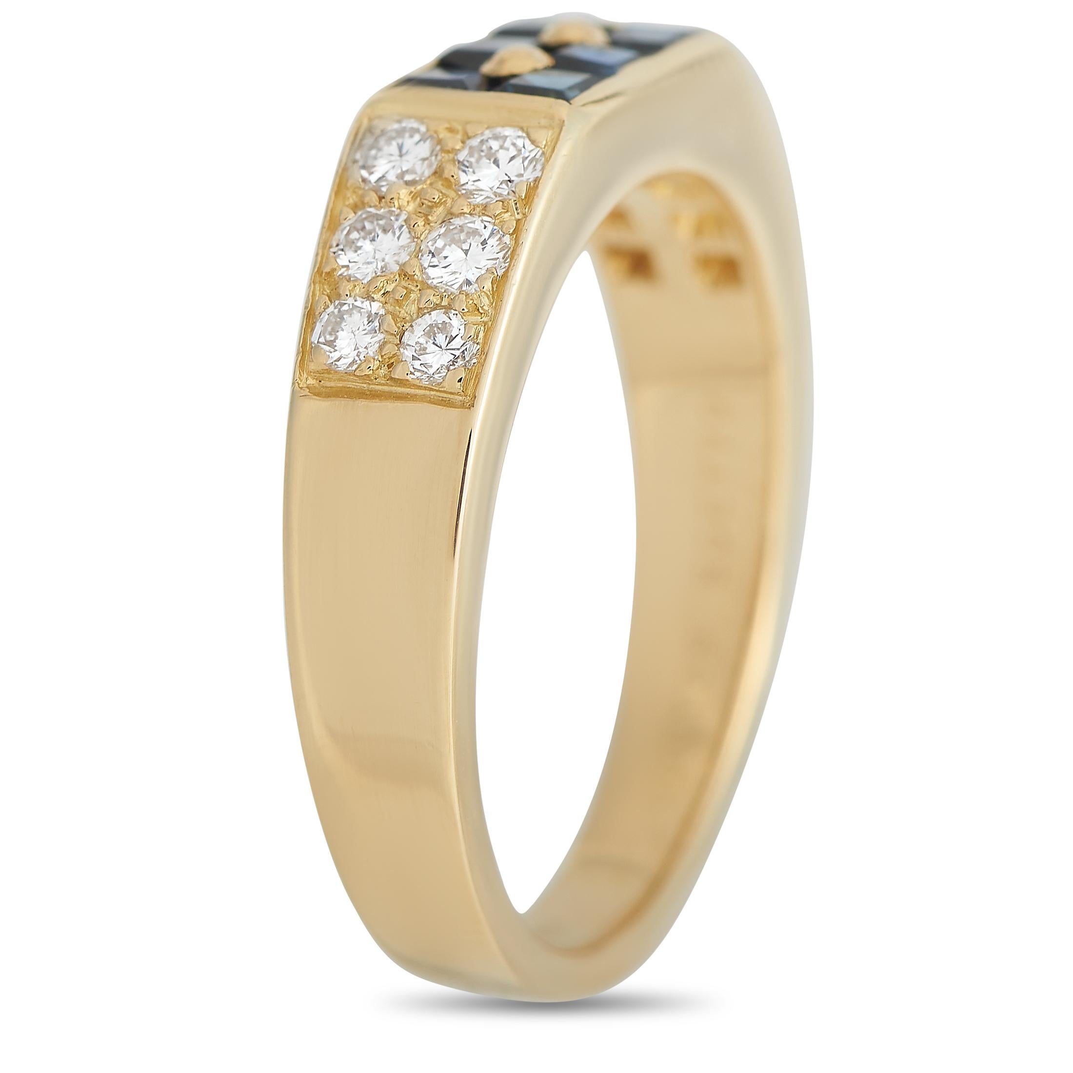 Trust us when we say this ring deserves a place in your jewelry box. A lovely creation by Van Cleef & Arpels, this 18K yellow gold ring features a dazzling combination of diamonds and sapphires. The band's shoulders feature two walls set with six
