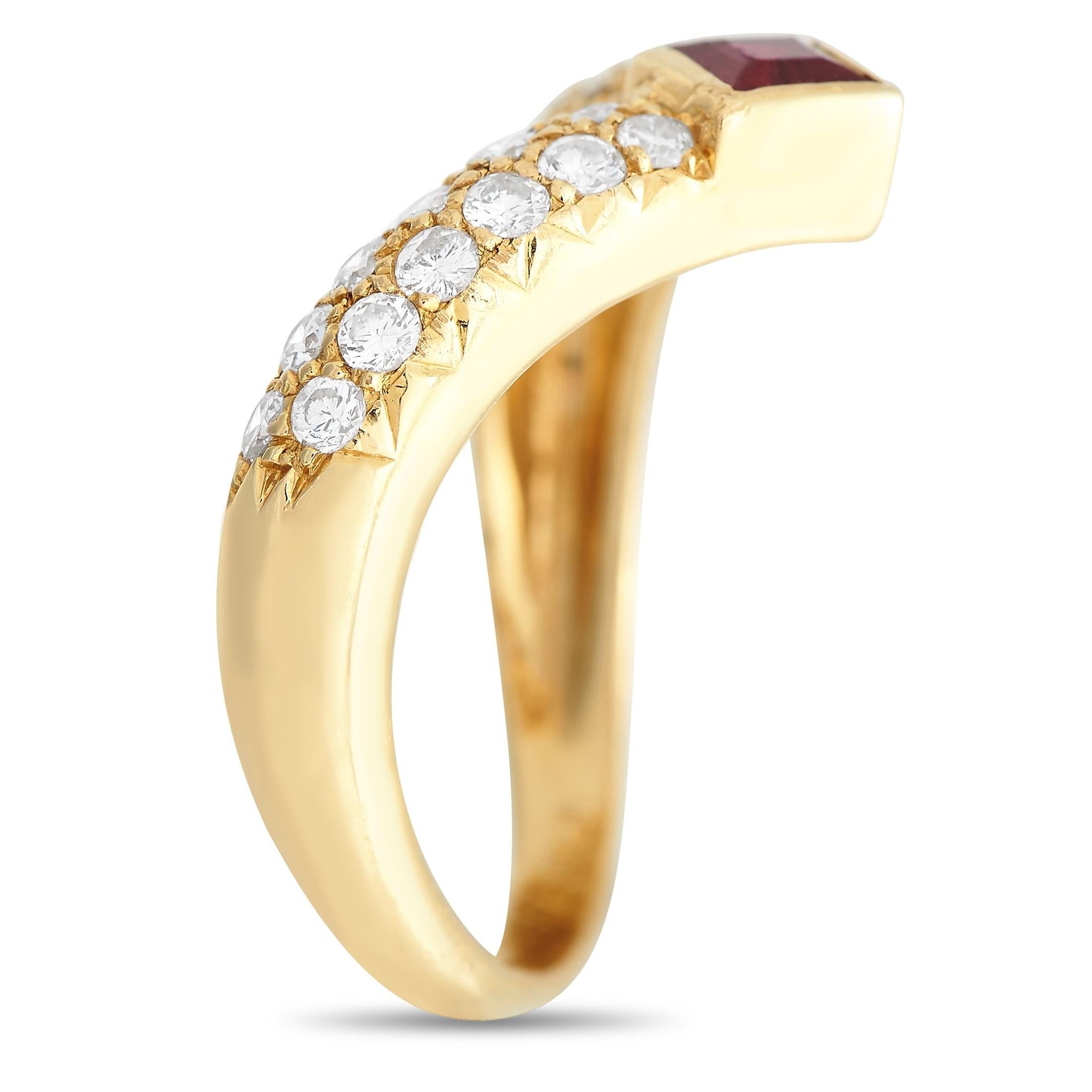 A uniquely curved setting made from 18K Yellow Gold makes this ring from Van Cleef & Arpels incredibly elegant. Sleek and dynamic in design, the 2mm wide band is adorned with 0.50 carats of diamonds with E color and VVS clarity. A single ruby