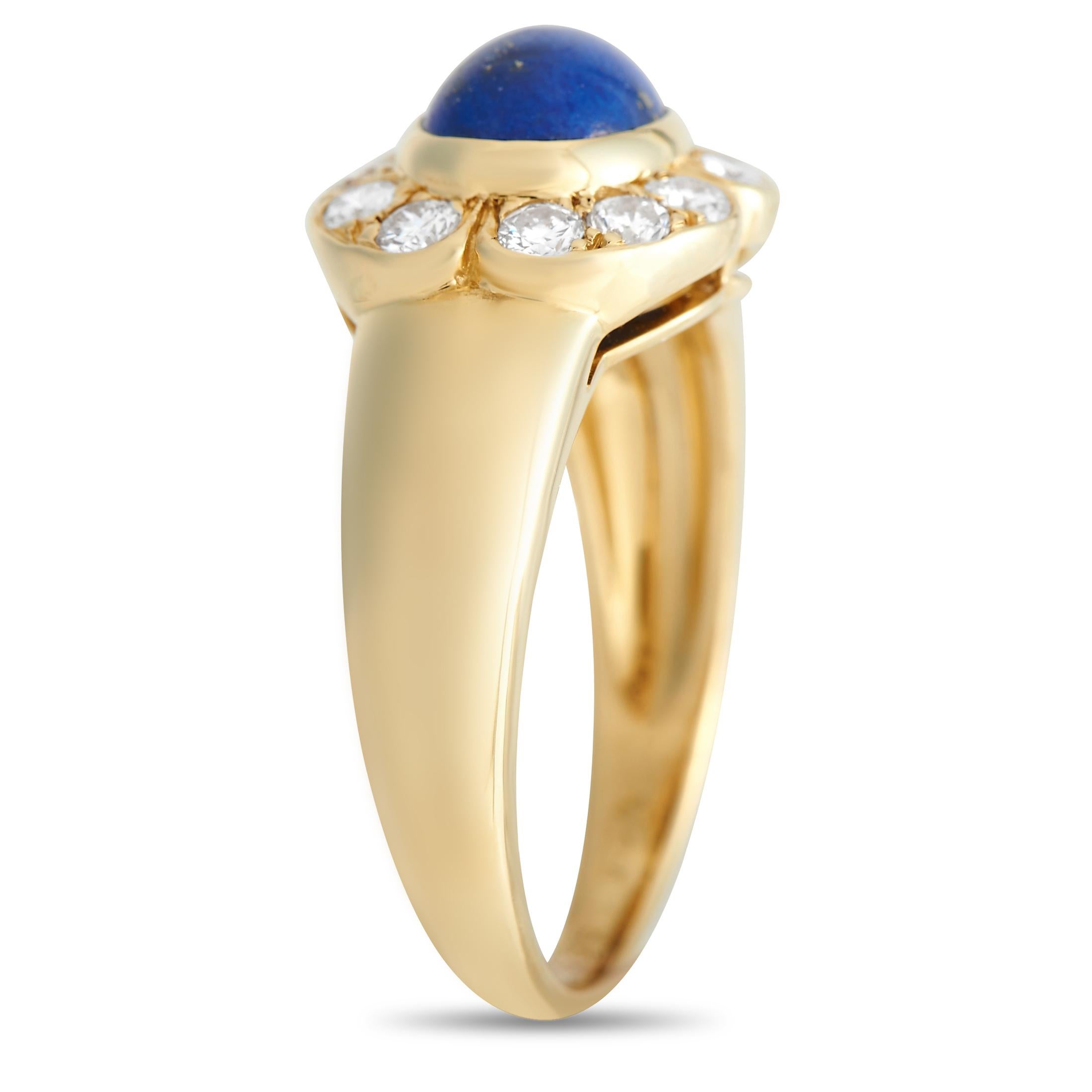 Create a memorable look in an instant by wearing this Van Cleef & Arpels statement ring. This showy yet classy ring features a shiny 750 yellow gold band topped with a flower-inspired centrepiece with diamond-adorned petals and an attractive Lapis