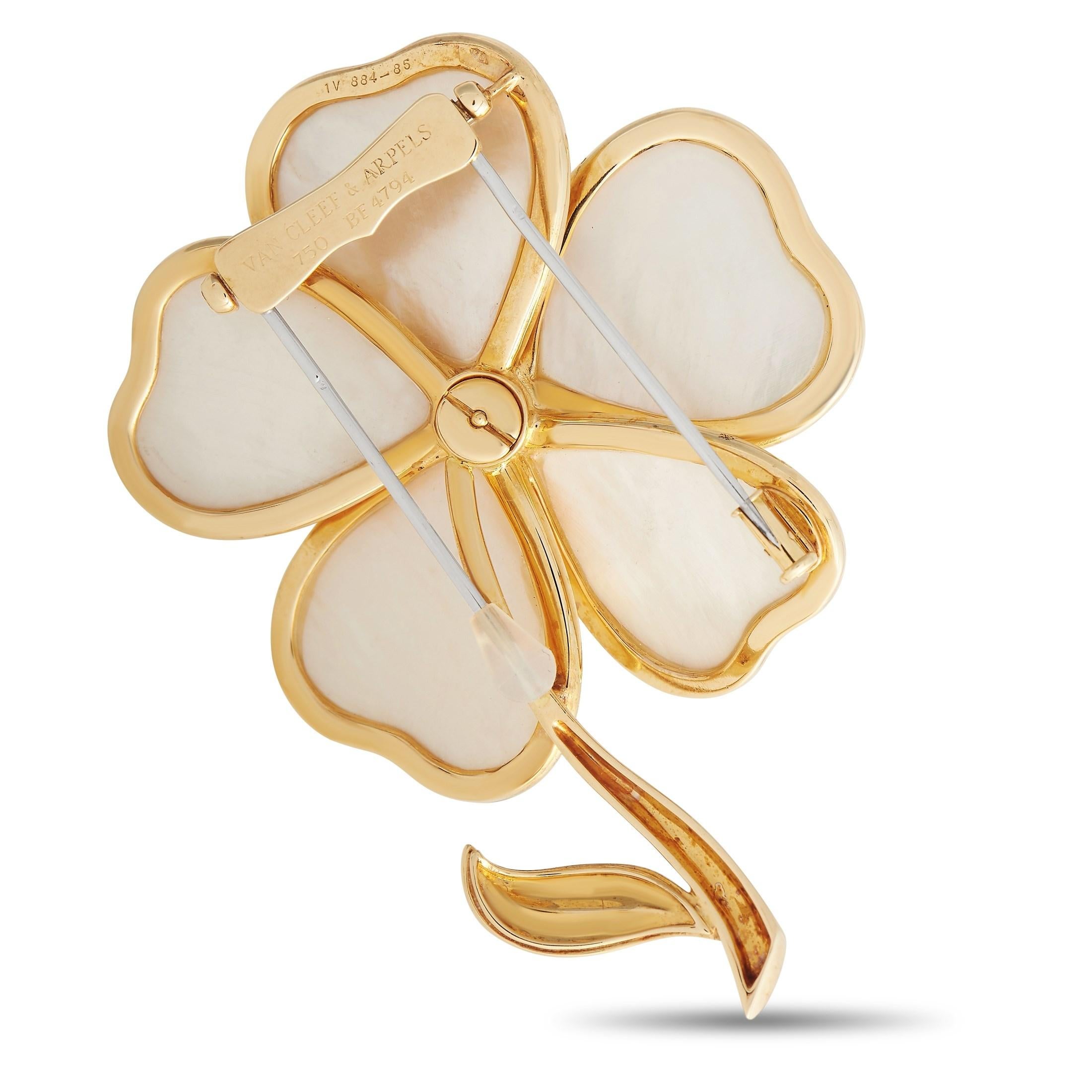 This gorgeous Van Cleef & Arpels flower-themed brooch can instantly revive your wardrobe. Add it to any basic outfit for a chic style update. The brooch measures 2.75
