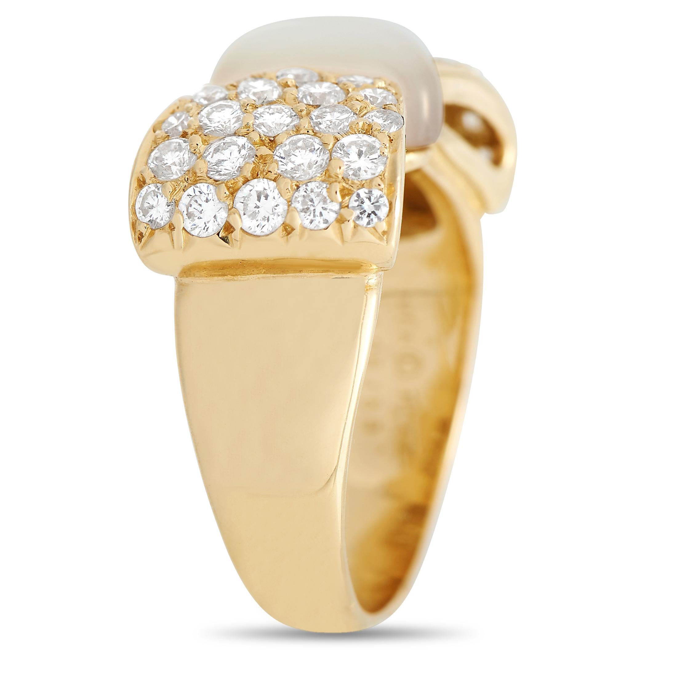This ladylike ring from Van Cleef & Arpels is ideal for anyone with a feminine aesthetic. Its opulent 18K Yellow Gold setting - which is meant to resemble a bow – comes to life thanks to 0.75 carats of sparkling Diamonds and an elegant Mother of