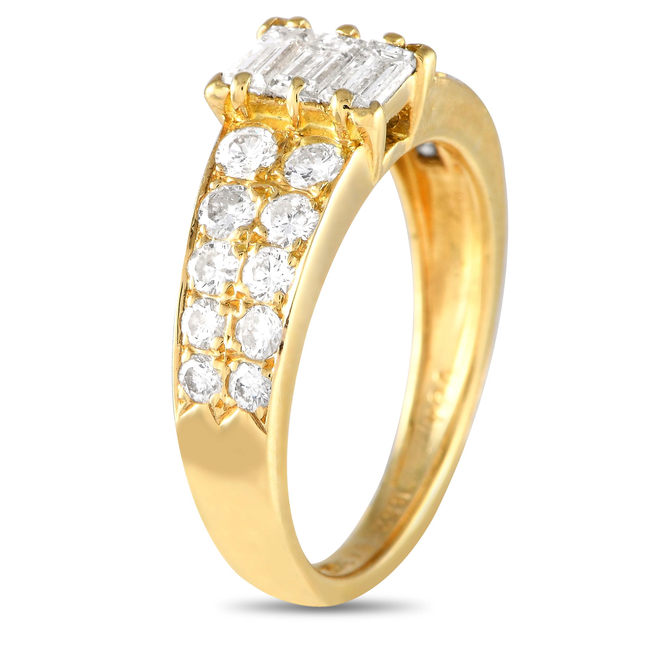 From Van Cleef & Arpels, here is an 18K yellow gold adorned with 0.75 carats of diamonds. It features two rows of round brilliant diamonds, cut at the center by a stack of three baguette diamonds in east-west setting. The ring's top dimensions