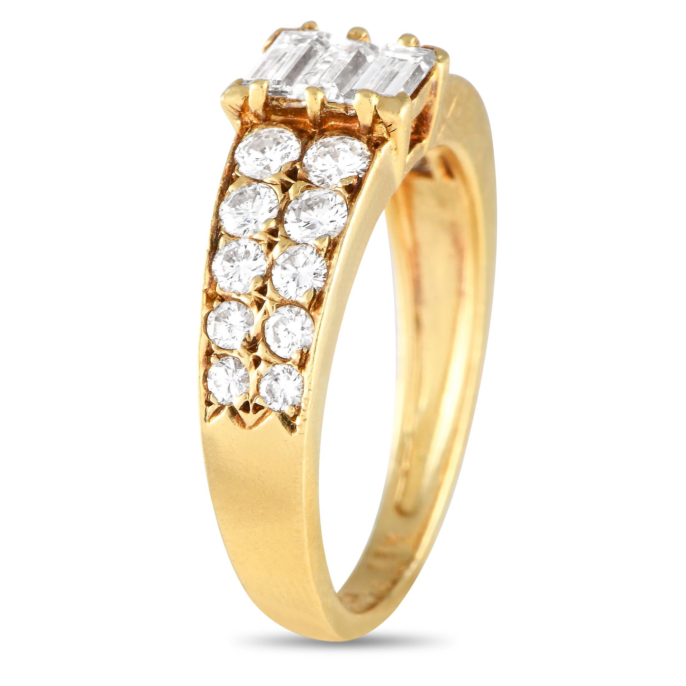 An irresistible addition to any jewelry collection. This yellow gold ring from Van Cleef & Arpels shines with 0.87 carats of diamonds. It features a tapering band with two rows of round diamonds. Cutting the line of glitter is a stack of baguette