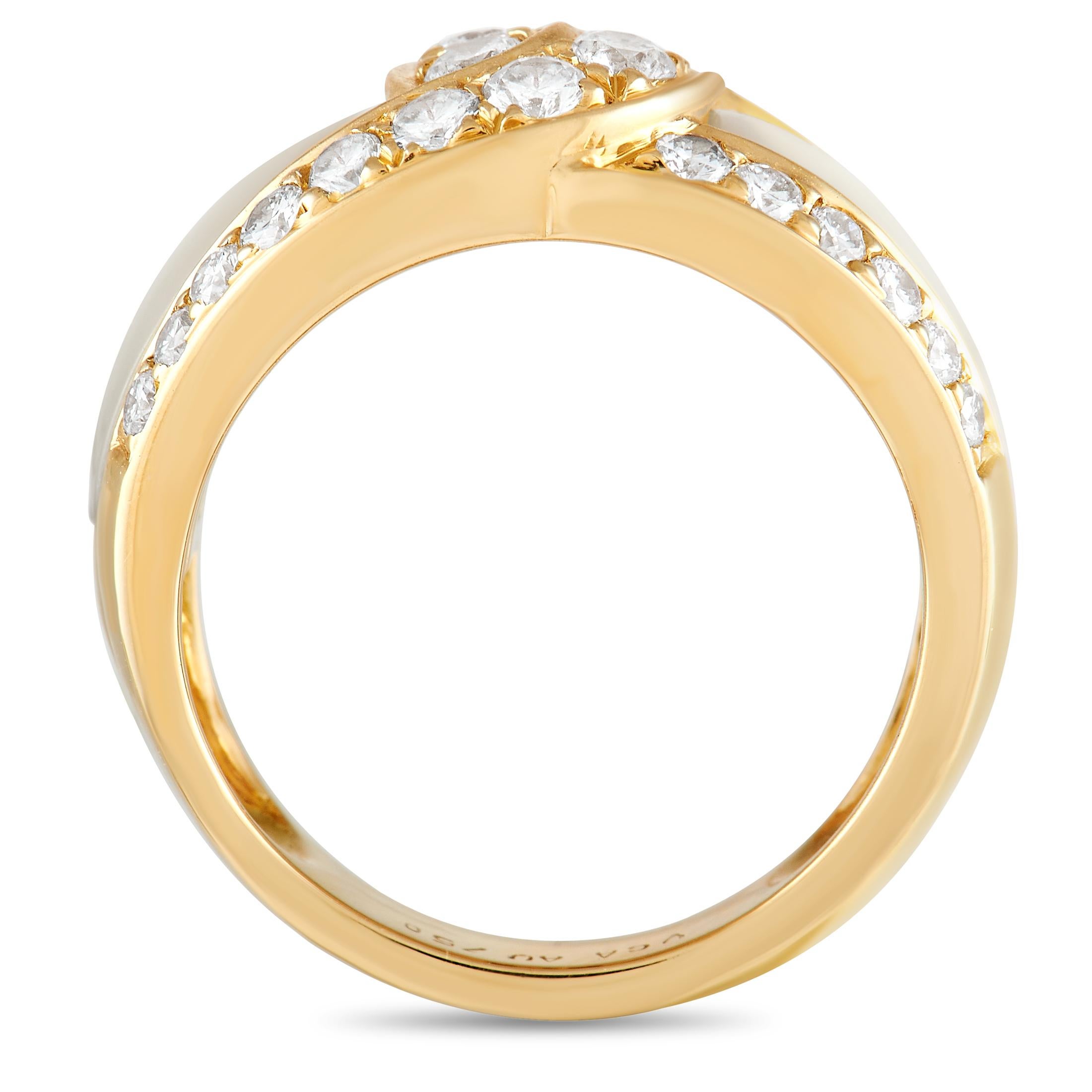 This luxurious Van Cleef & Arpels ring features a spectacular sense of movement. Diamonds with a total weight of 0.96 carats are beautifully displayed within the dynamic 18K Yellow Gold setting, which features a 6mm wide band and a 4mm top height.
