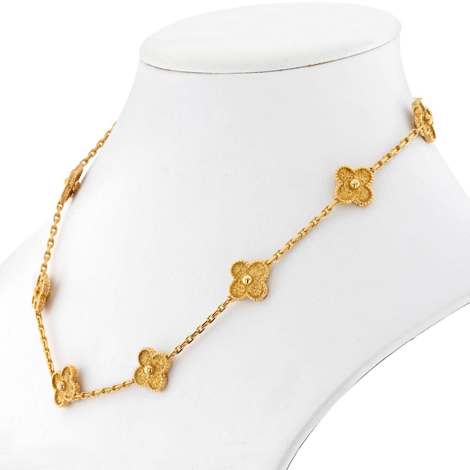 Van Cleef & Arpels 18K Yellow Gold 10 Motif Alhambra Necklace. Currently out of stock in Van Cleef & Arpels store this is a highly desirable Vintage 10 Motif Alhambra necklace. 
16.5 inches long. 
Each motif is about 14mm wide.