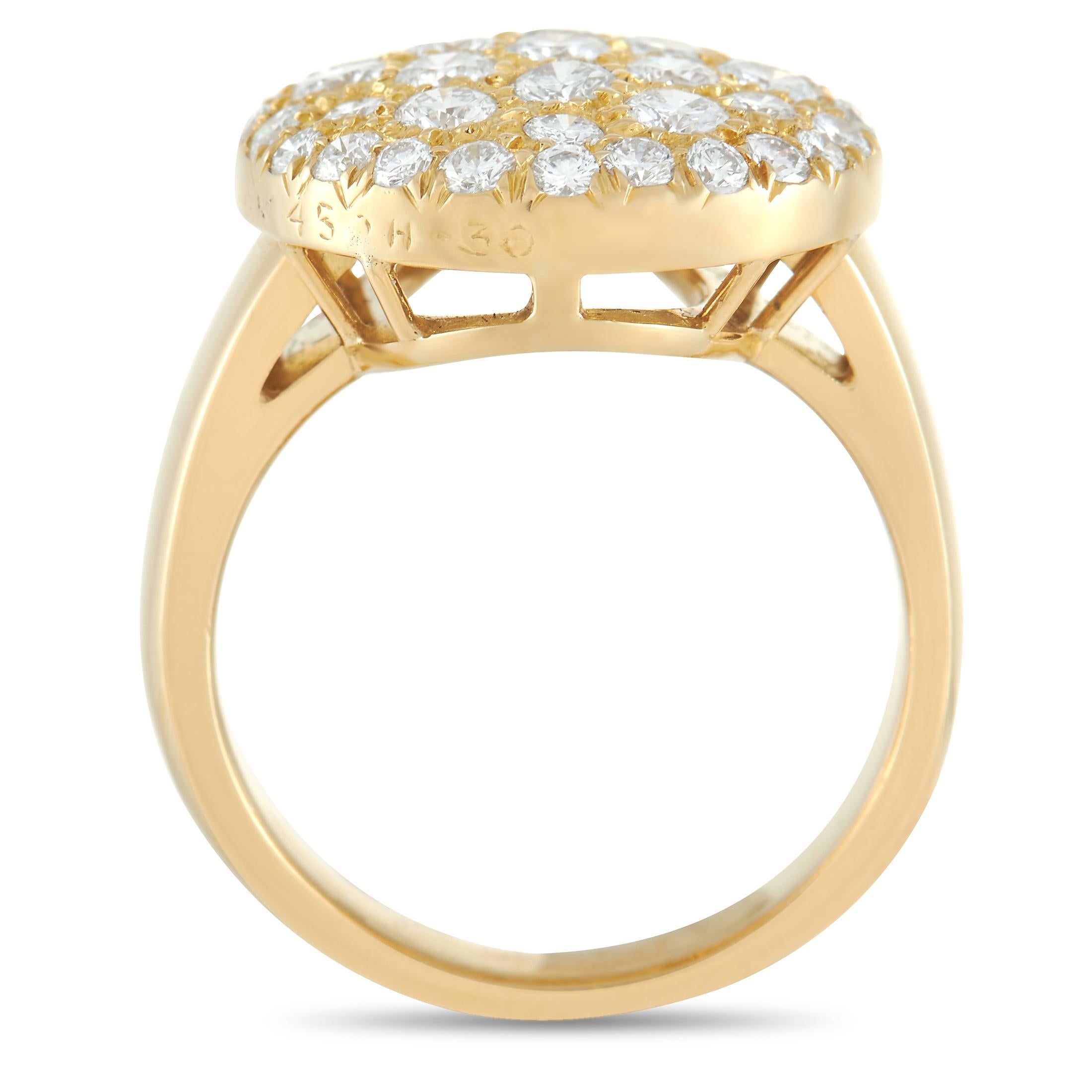 This stylish ring from Van Cleef & Arpels will continually make a sparkling statement. This 18K Yellow Gold ring - which features a 4mm band and a 4mm top height - comes to life thanks to the domed top adorned with 1.50 carats of diamonds with E