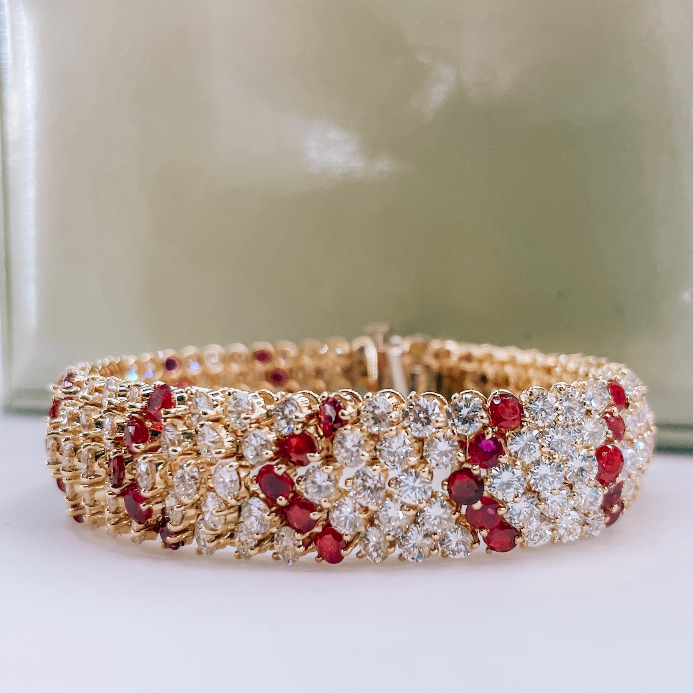 Modern Van Cleef & Arpels 18K Yellow Gold 1960's Chevron Diamond Rubies Bracelet For Sale