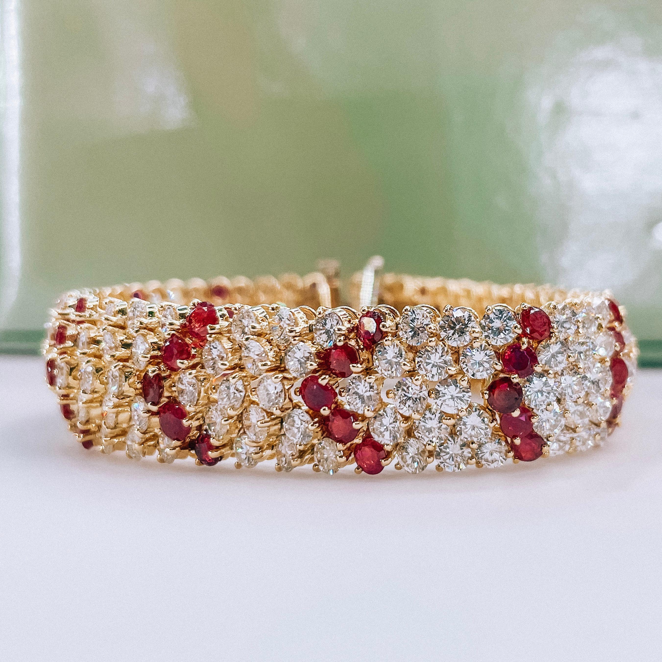 Round Cut Van Cleef & Arpels 18K Yellow Gold 1960's Chevron Diamond Rubies Bracelet For Sale