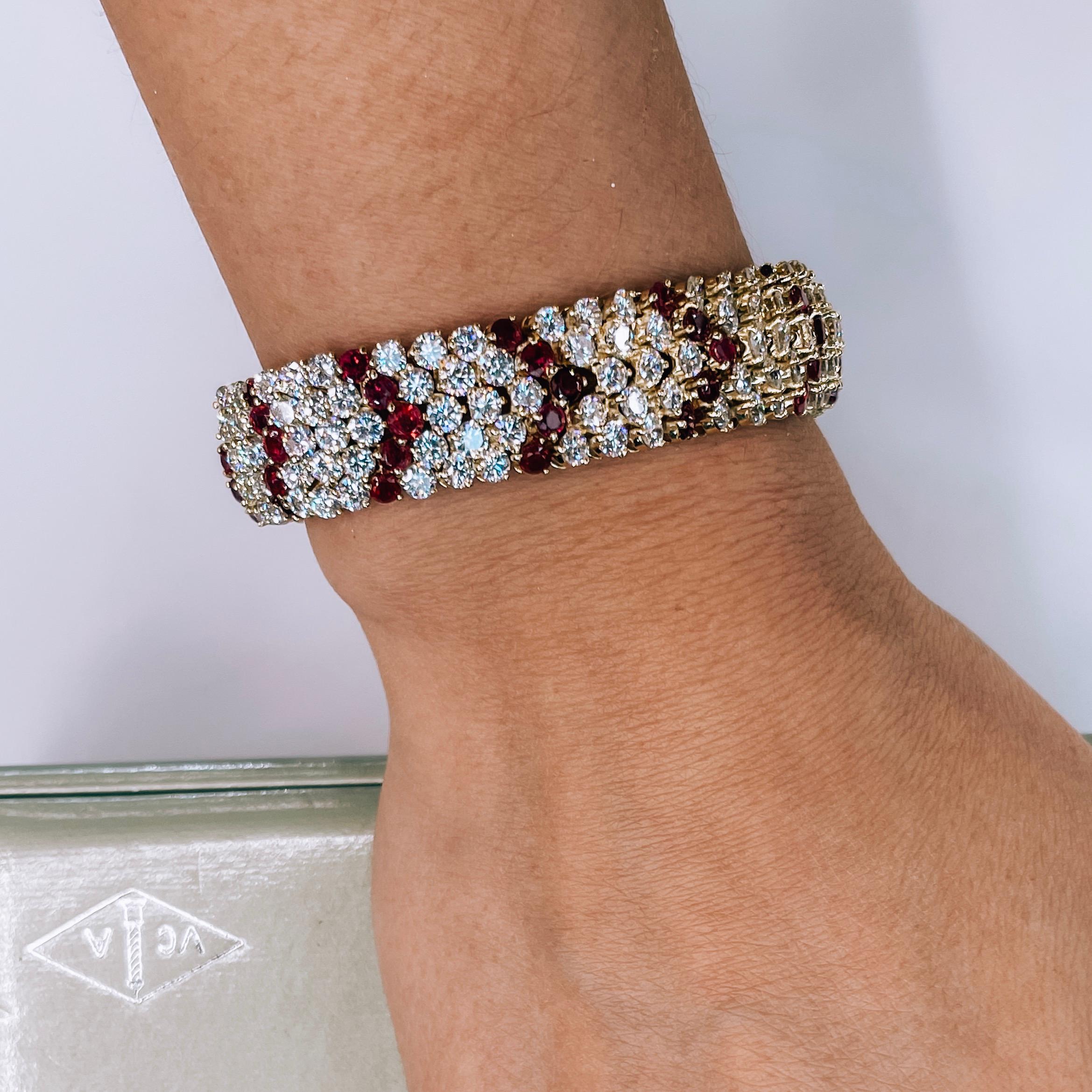 Van Cleef & Arpels 18K Yellow Gold 1960's Chevron Diamond Rubies Bracelet In Excellent Condition For Sale In New York, NY