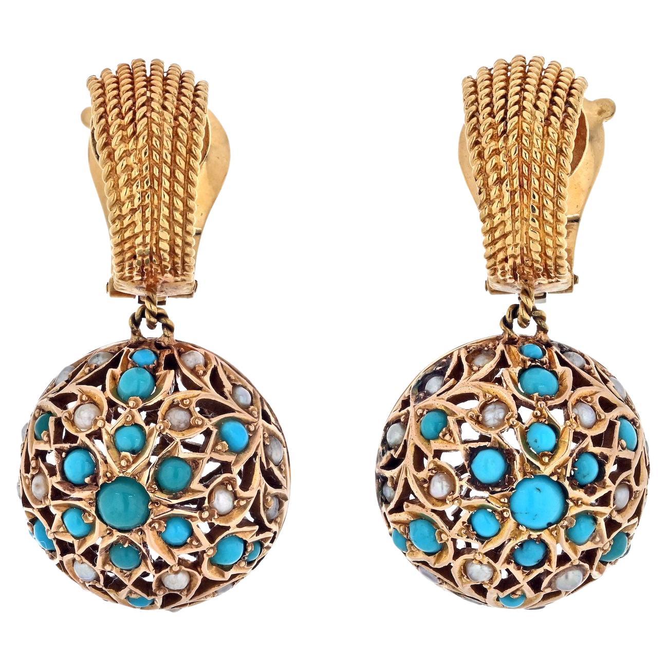 Van Cleef & Arpels 18K Yellow Gold 1960's Turquoise Pearl Drop Dangle Earrings For Sale