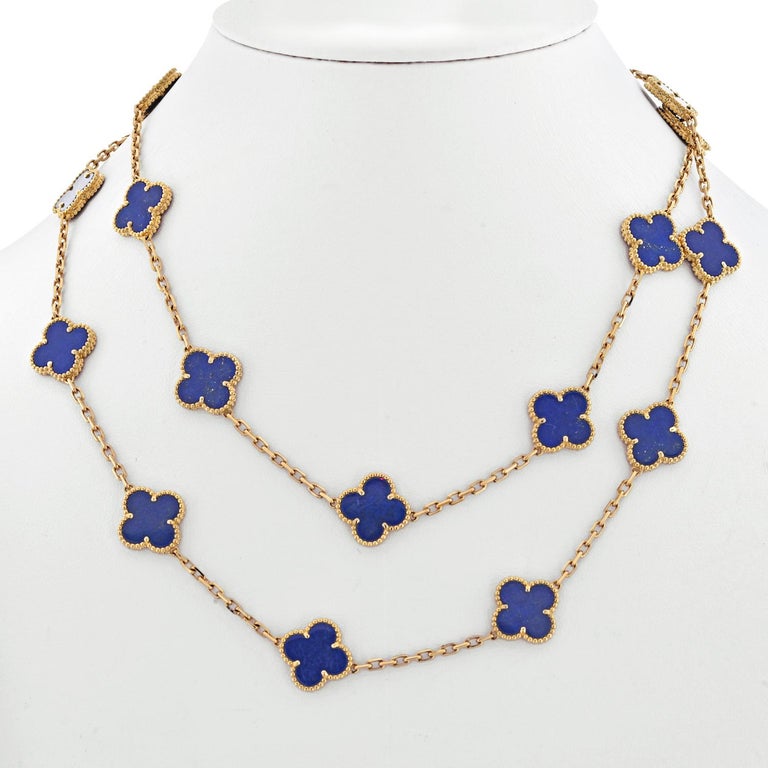 Van Cleef & Arpels 18K Yellow Gold 20 Motif Lapis Alhambra Chain Necklace.

Very rare and highly desirable Van Cleef & Arpels 18k yellow gold vintage Alhambra 20 motif lapis lazuli necklace. It is in perfect condition. With box and original papers.