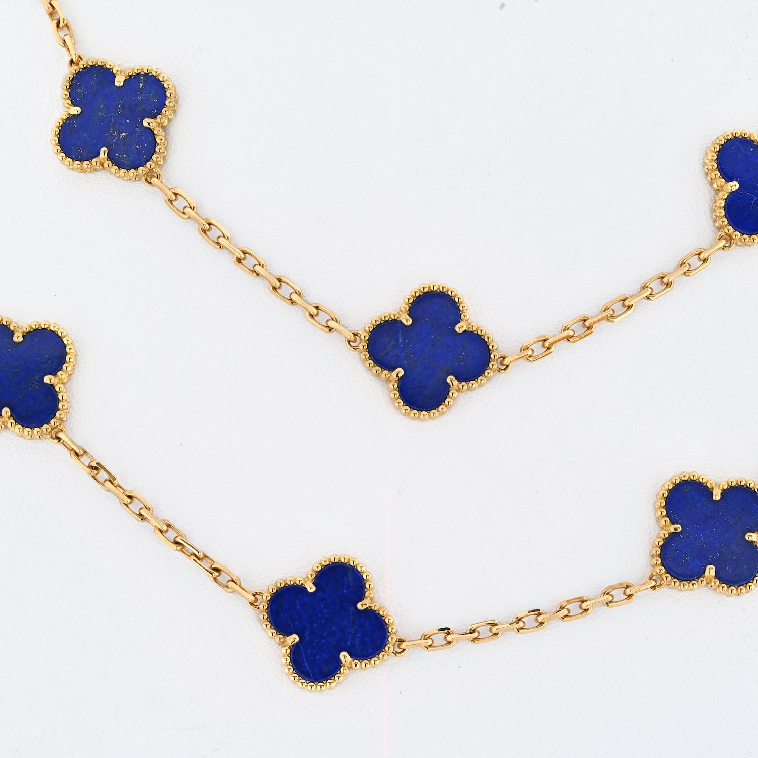 Van Cleef & Arpels 18K Yellow Gold 20 Motif Lapis Alhambra Chain Necklace.

Very rare and highly desirable Van Cleef & Arpels 18k yellow gold vintage Alhambra 20 motif lapis lazuli necklace. It is in perfect condition in VCA box. 

The necklace is