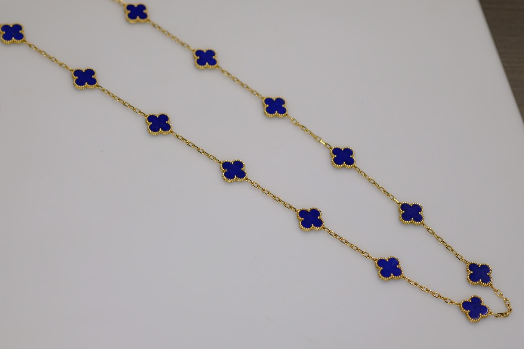 Modern Van Cleef & Arpels 18K Yellow Gold 20 Motif Lapis Alhambra Chain Necklace