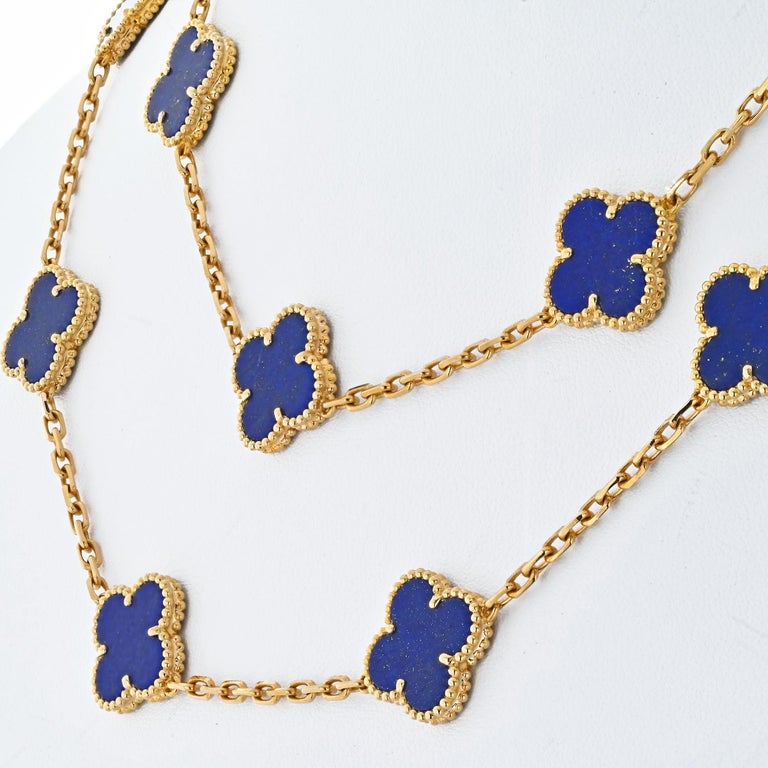 Women's Van Cleef & Arpels 18K Yellow Gold 20 Motif Lapis Alhambra Chain Necklace