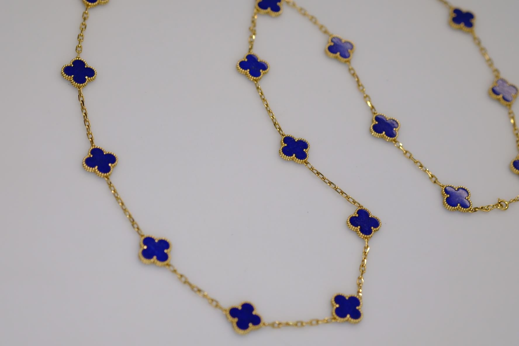Women's Van Cleef & Arpels 18K Yellow Gold 20 Motif Lapis Alhambra Chain Necklace