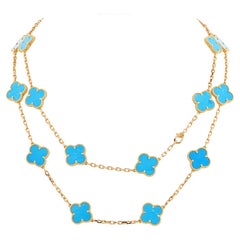 Vintage Van Cleef & Arpels 18K Yellow Gold 20 Motif Turquoise Alhambra Chain Necklace