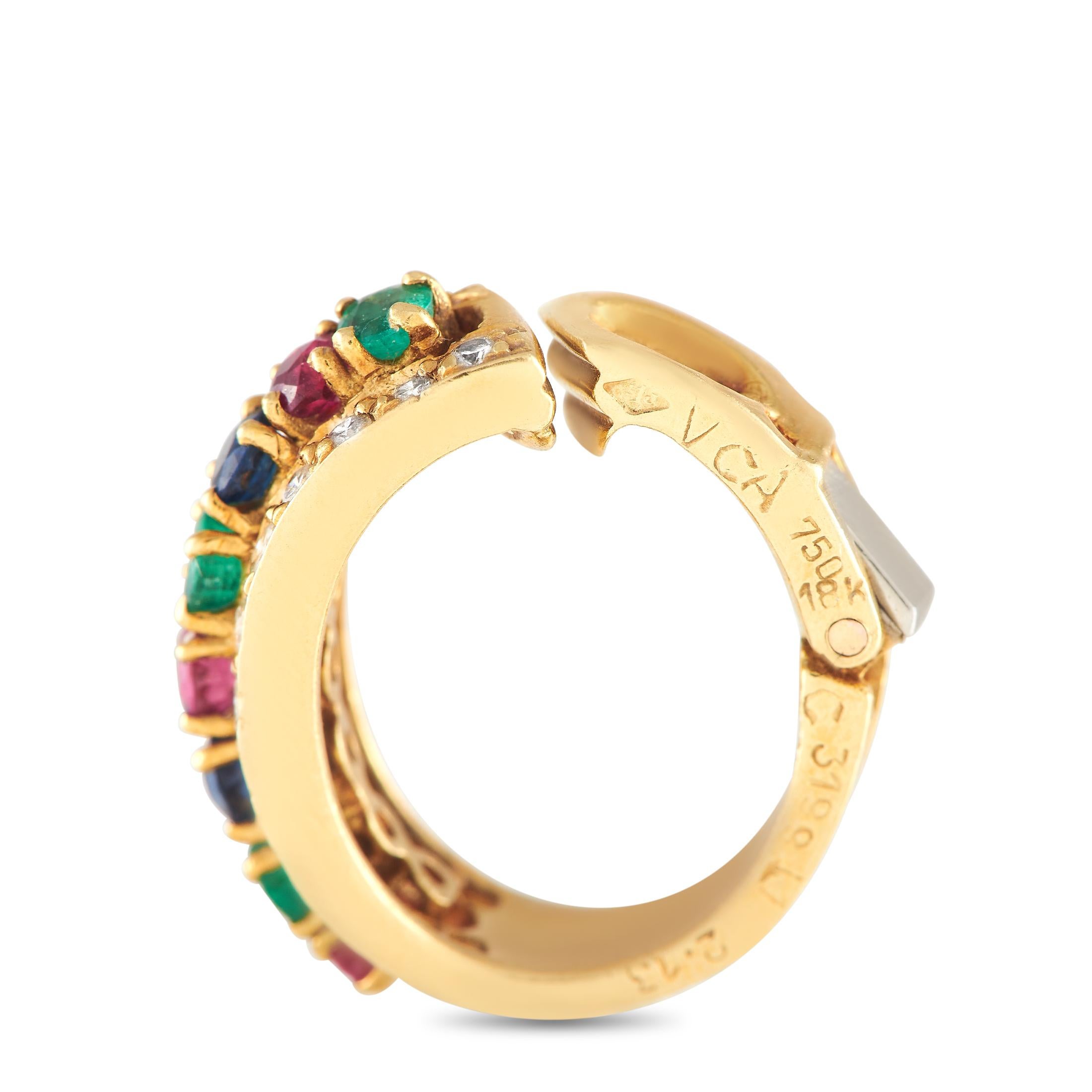Round Cut Van Cleef & Arpels 18k Yellow Gold 2.13ct Ruby, Sapphire & Emerald Hoop Earrings