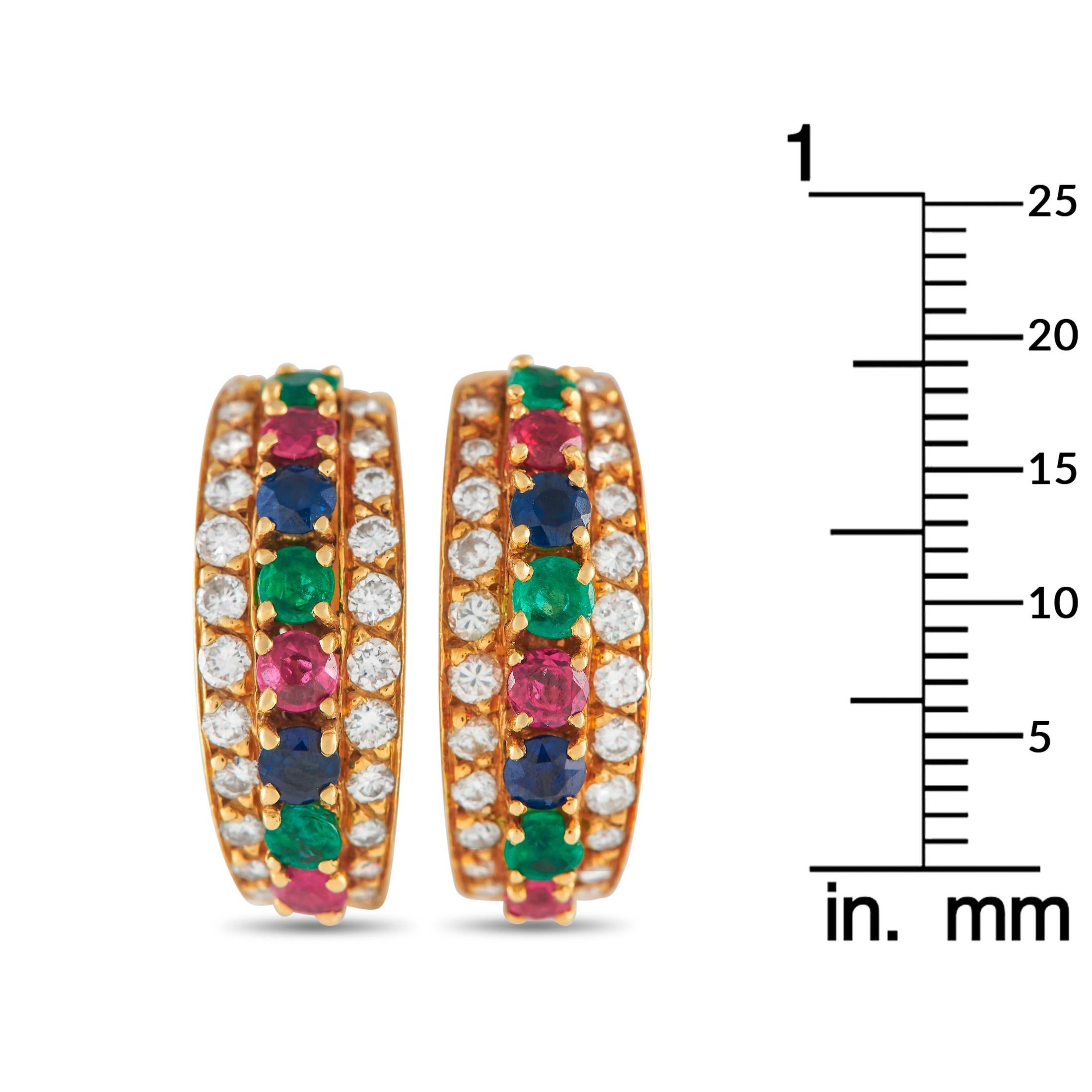 Van Cleef & Arpels 18k Yellow Gold 2.13ct Ruby, Sapphire & Emerald Hoop Earrings In Excellent Condition In Southampton, PA