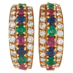 Van Cleef & Arpels 18k Yellow Gold 2.13ct Ruby, Sapphire & Emerald Hoop Earrings