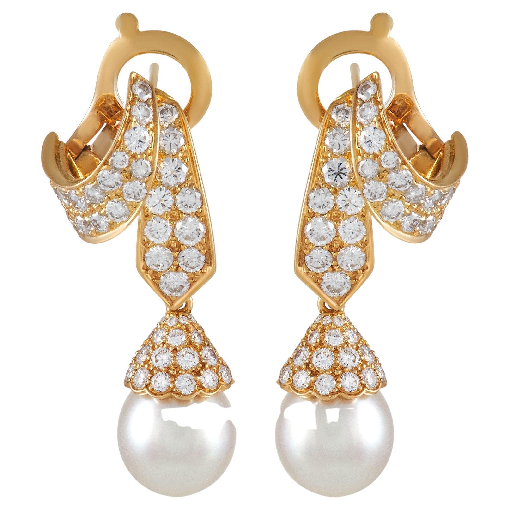 Van Cleef & Arpels 18K Yellow Gold 2.50 ct Diamond and Pearl Earrings