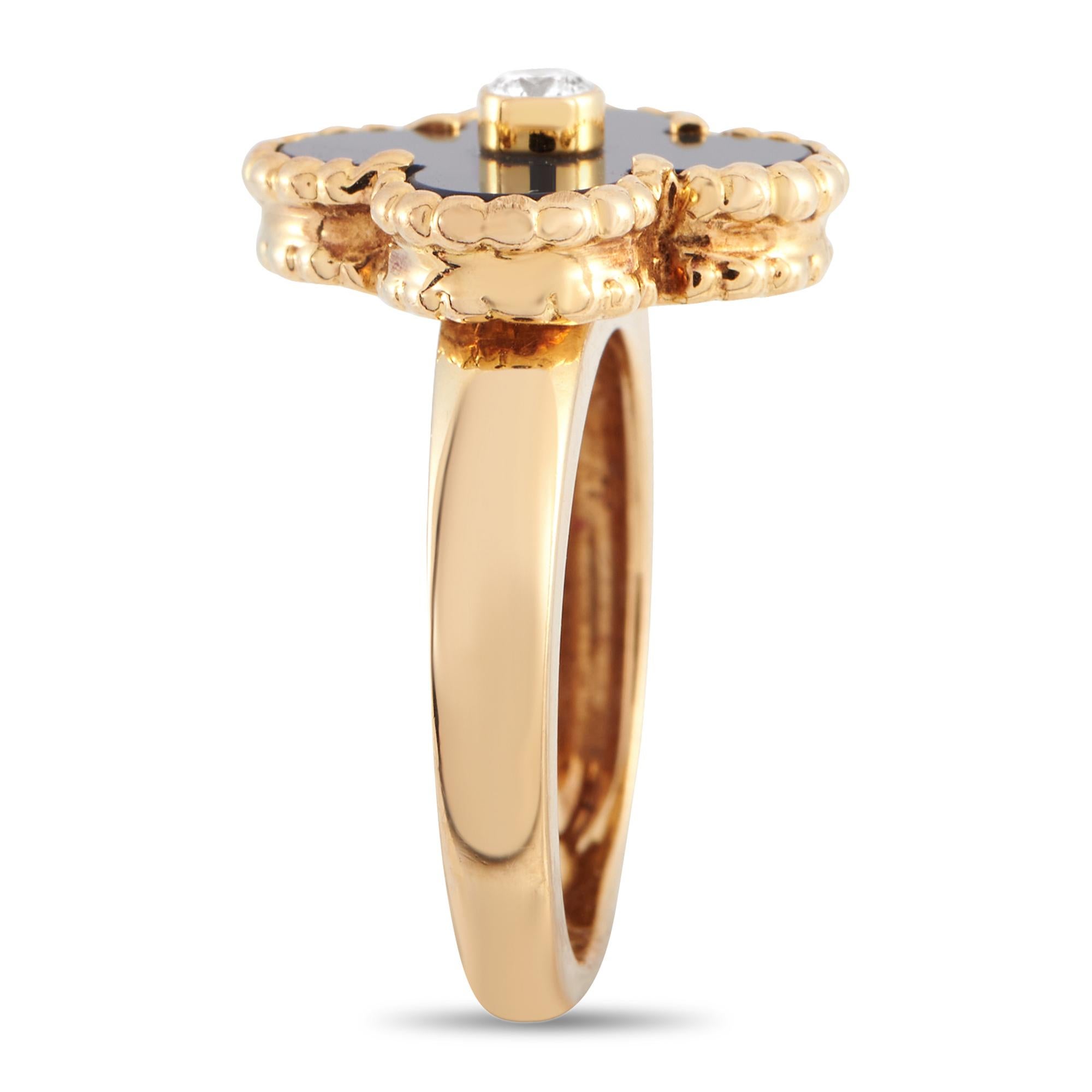 With the Alhambra design that has stood the test of time, this four-leaf clover-inspired piece truly symbolizes timeless style and sophistication. The ring is designed with a polished band topped with an Alhambra motif with a black onyx inlay and a