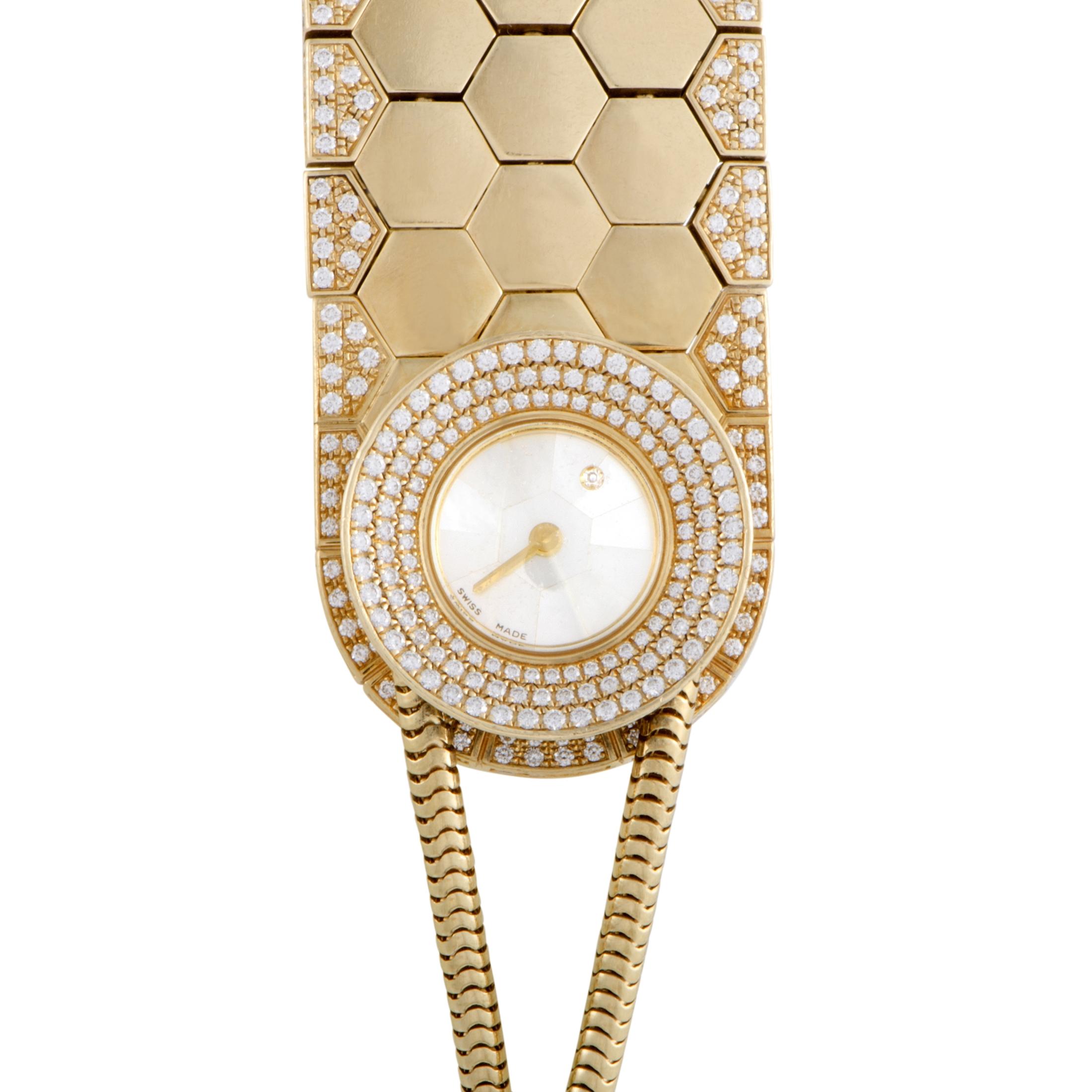Irresistibly unconventional and extraordinarily lavish, this exquisite timepiece from Van Cleef & Arpels boldly blurs the line between high-end watchmaking and prestigious jewelry, boasting intriguingly shaped and immaculately radiant gold along
