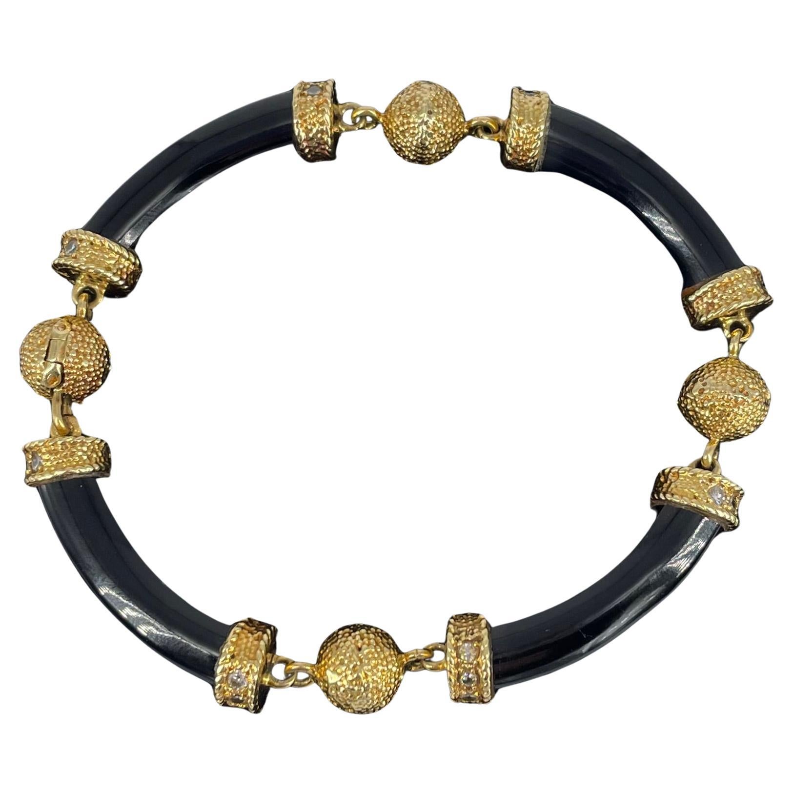 Van Cleef & Arpels 18K Yellow Gold and Onyx Bracelet with Pave Details For Sale
