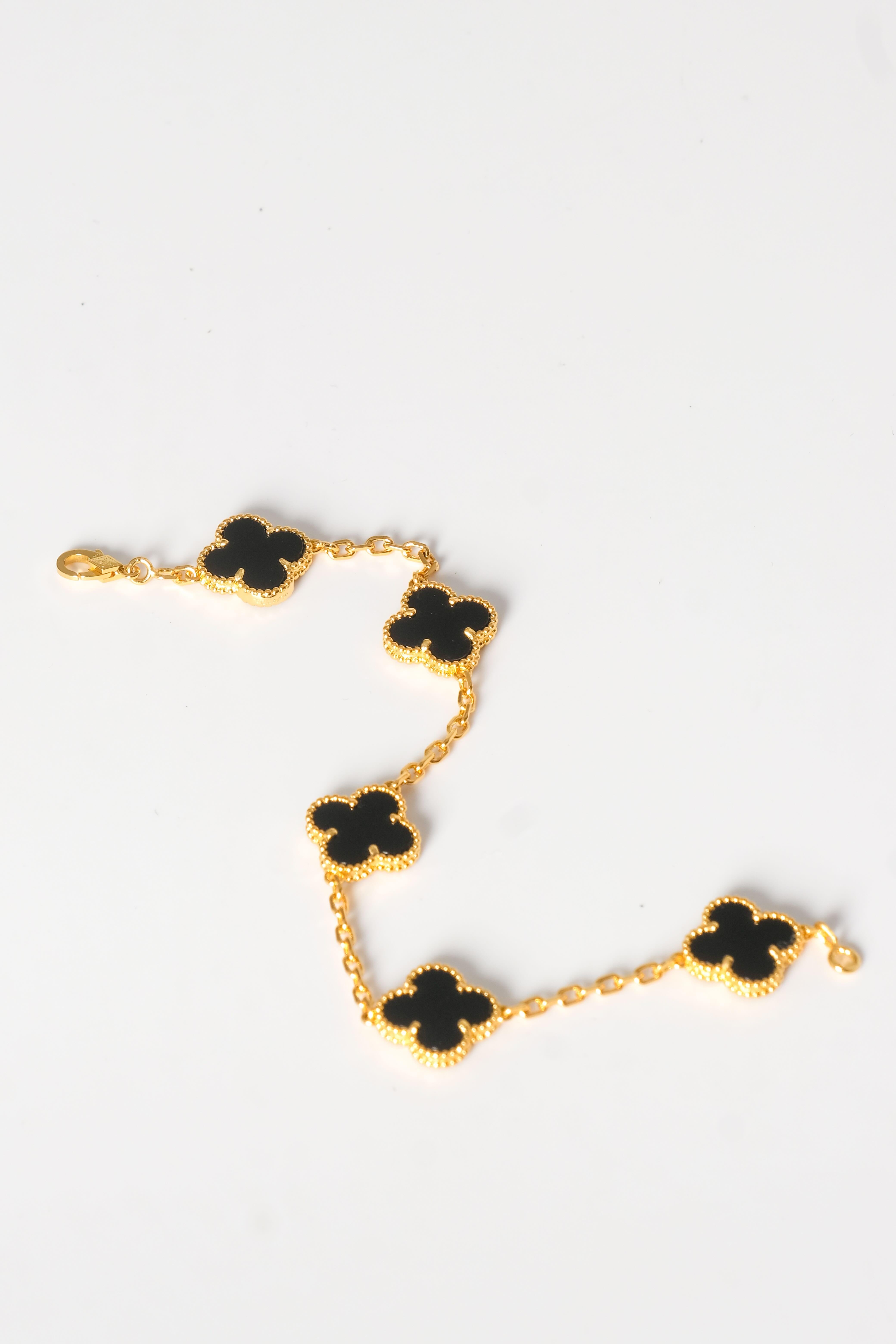 Van Cleef & Arpels 18k Yellow Gold Black Onyx 5 Motifs Alhambra Bracelet 2