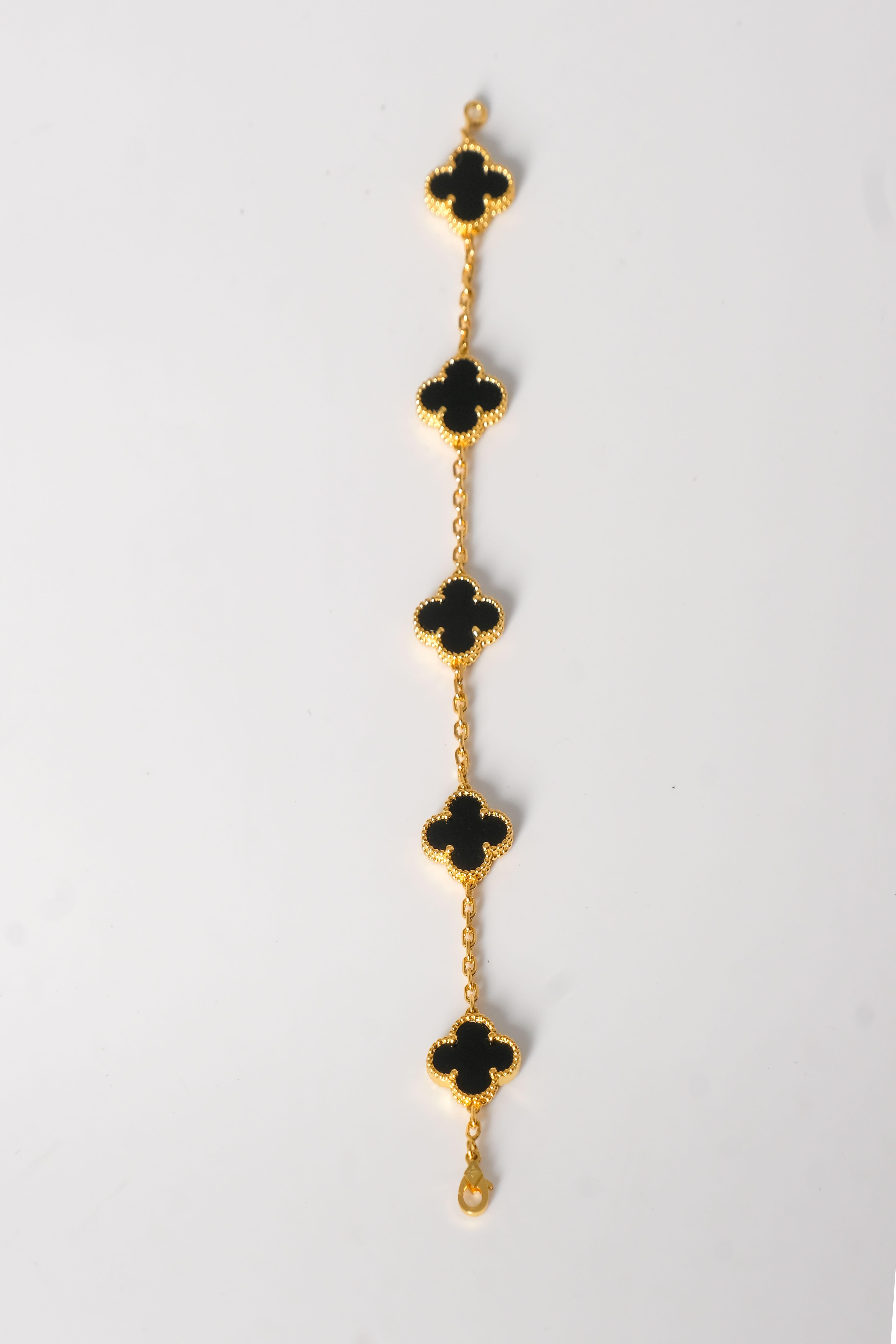 Van Cleef & Arpels 18k Yellow Gold Black Onyx 5 Motifs Alhambra Bracelet 3