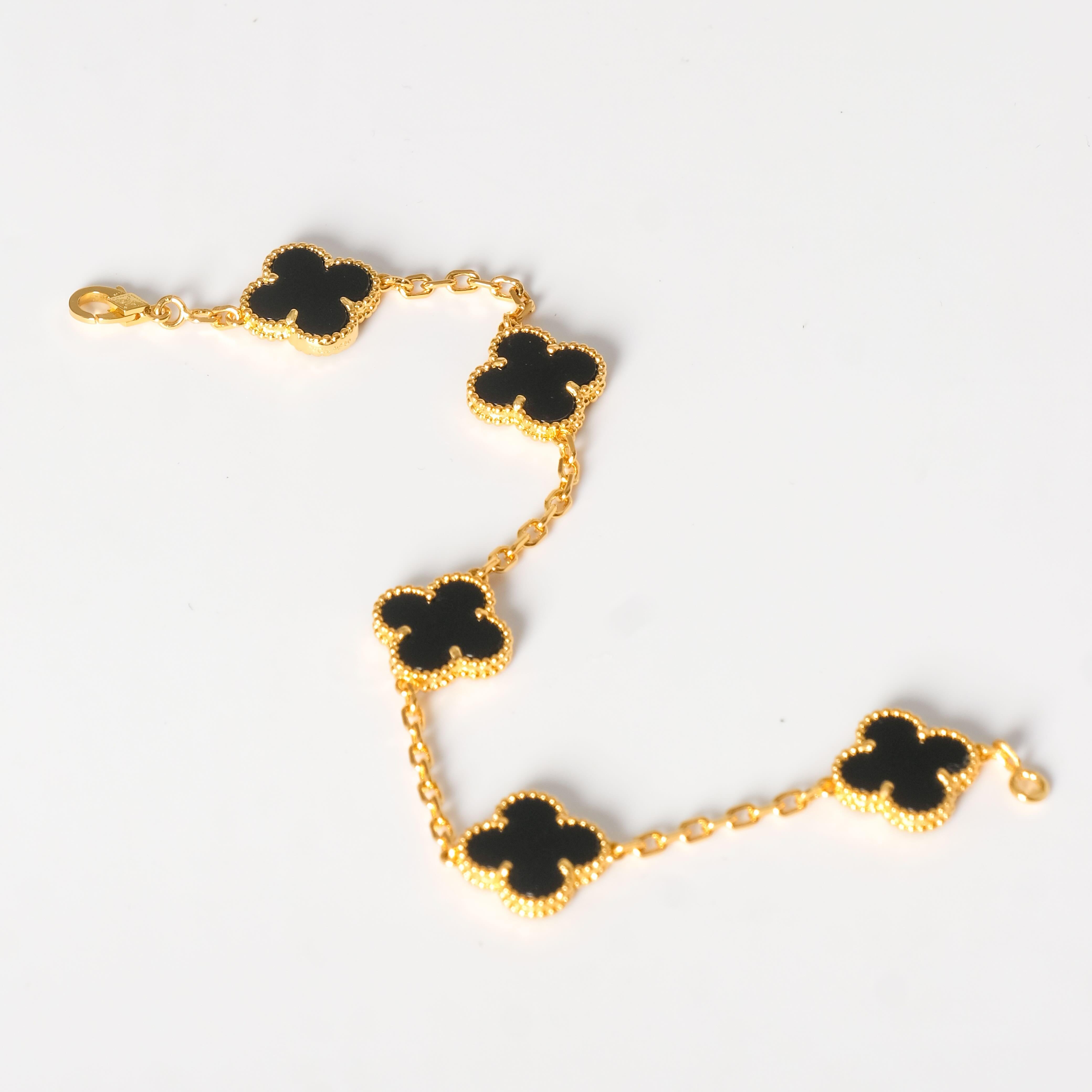Van Cleef & Arpels 18k Yellow Gold Black Onyx 5 Motifs Alhambra Bracelet 4