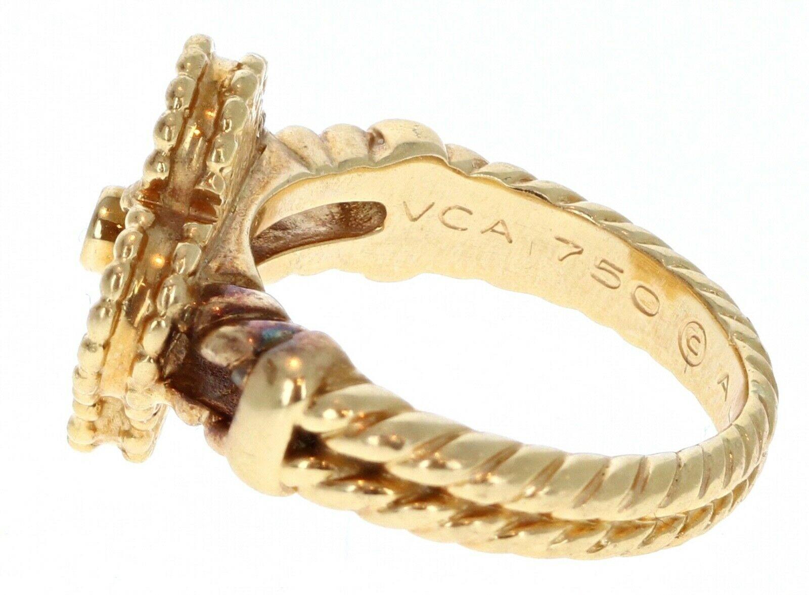 Van Cleef & Arpels 18k Yellow Gold, Black Onyx & Diamond Alhambra Ring Sz 5.5 7.8g

For sale is a Van Cleef & Arpels 18k yellow gold, onyx and diamond alhambra ring.
The ring is comprised of 1 round brilliant cut diamond. 
The ring is beautiful worn
