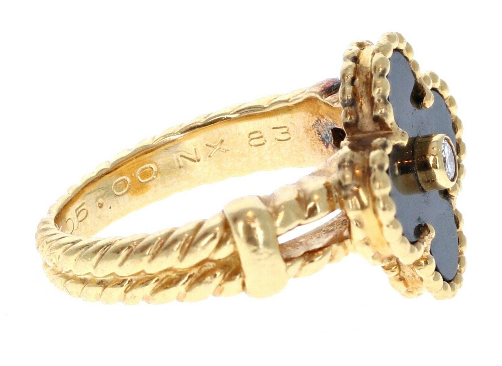 Van Cleef & Arpels 18 Karat Yellow Gold, Black Onyx and Diamond Alhambra Ring In Good Condition In Beverly Hills, CA