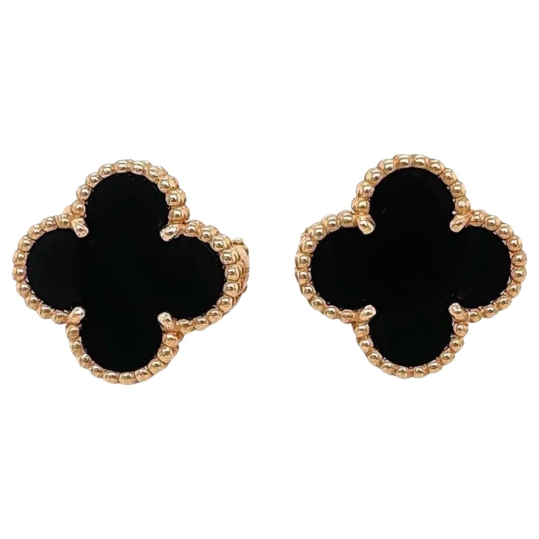 VAN CLEEF & ARPELS 18k Yellow Gold Black Onyx Vintage Alhambra Earrings